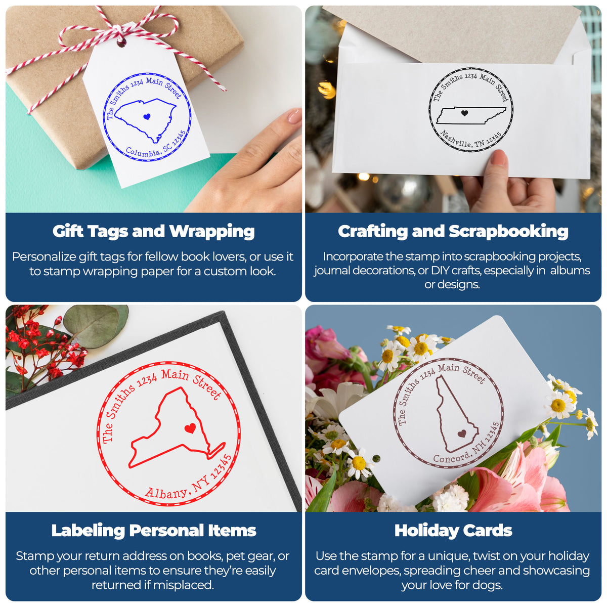 Collage of personalized state stamp and seal products on gift tags, envelopes, and cards in blue, black, red, and brown.