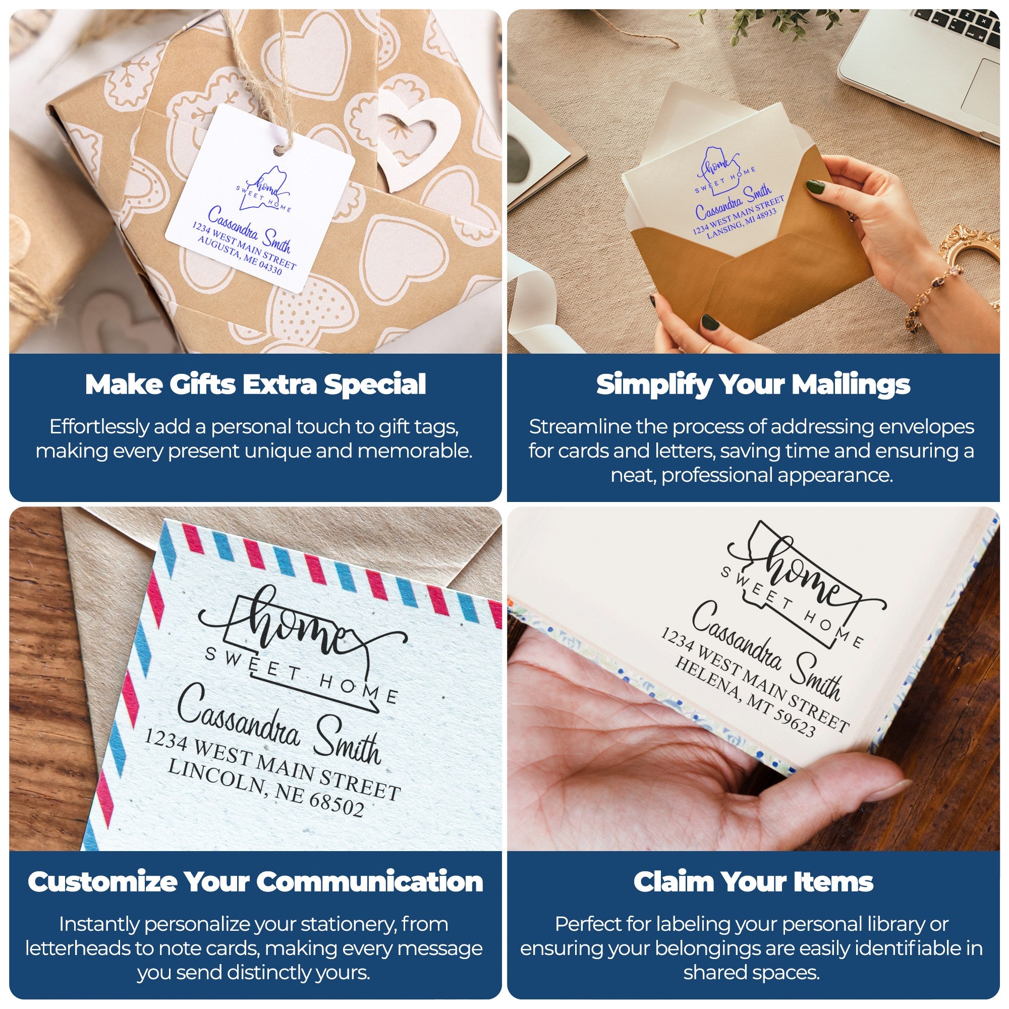 Personalized home sweet home stamp and seal designs on kraft gift wrap, envelopes, and stationery in blue and black.