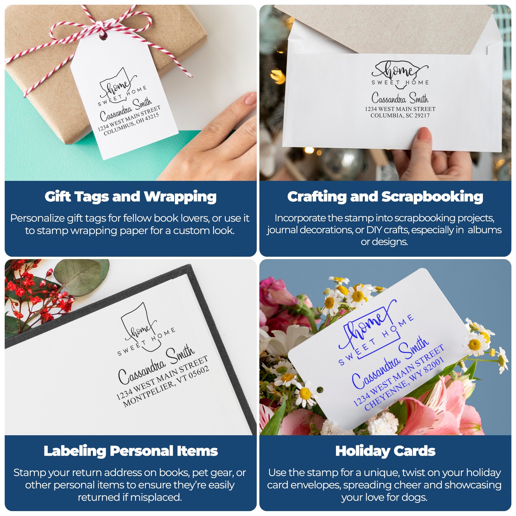 Custom home sweet home stamp and seal products on gift tags, envelopes and cards in black, white and blue with floral accents.