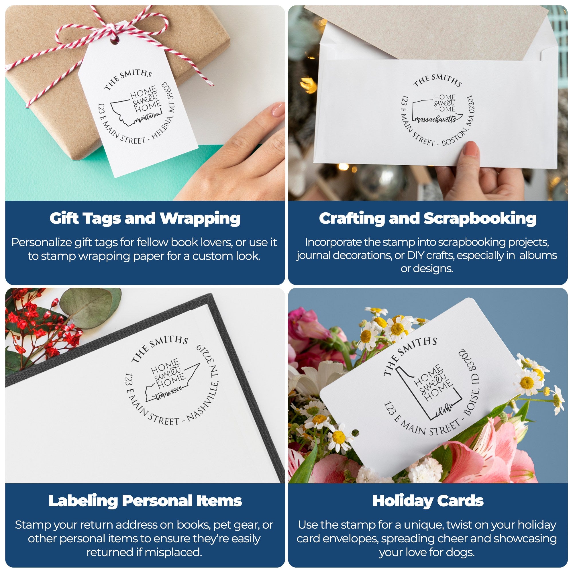 Personalized home address stamp and seal examples on white tags, envelopes, and cards with black text, kraft paper, and colorful flowers.