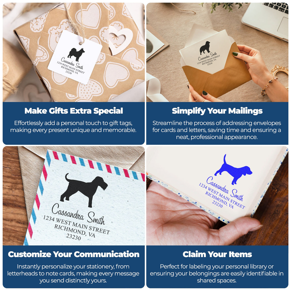 Custom stamp and seal products with black pet silhouette on kraft gift tags, envelopes and stationery in tan, white and blue.