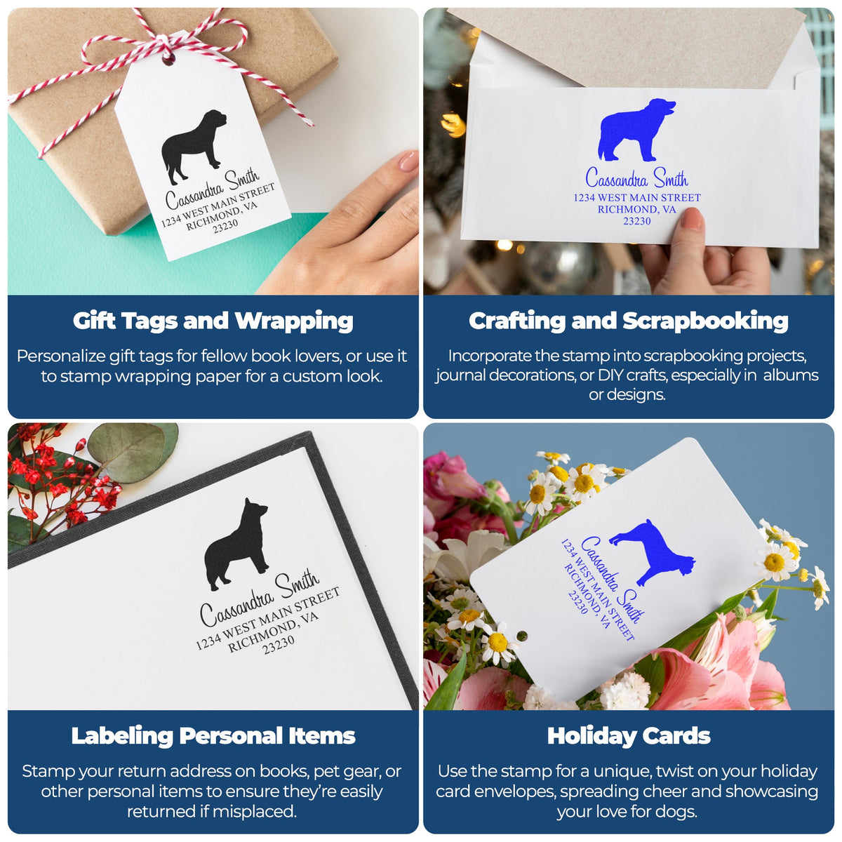 Custom dog silhouette stamp and seal products on gift tags, envelopes, and cards in black and blue.