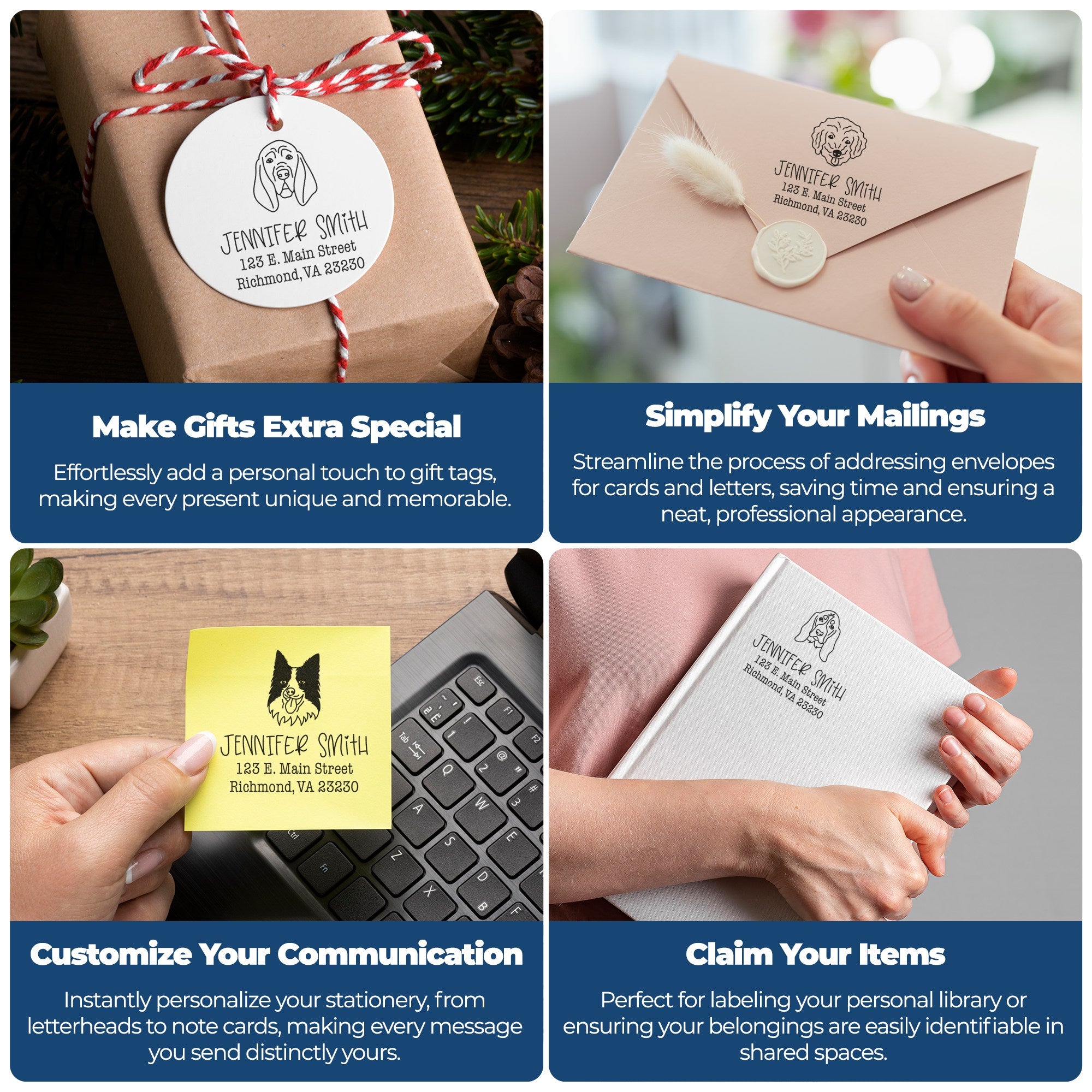 Collage of custom stamp and wax seal products on gift tags, envelopes, notes, and books in white, pink, yellow, and brown.