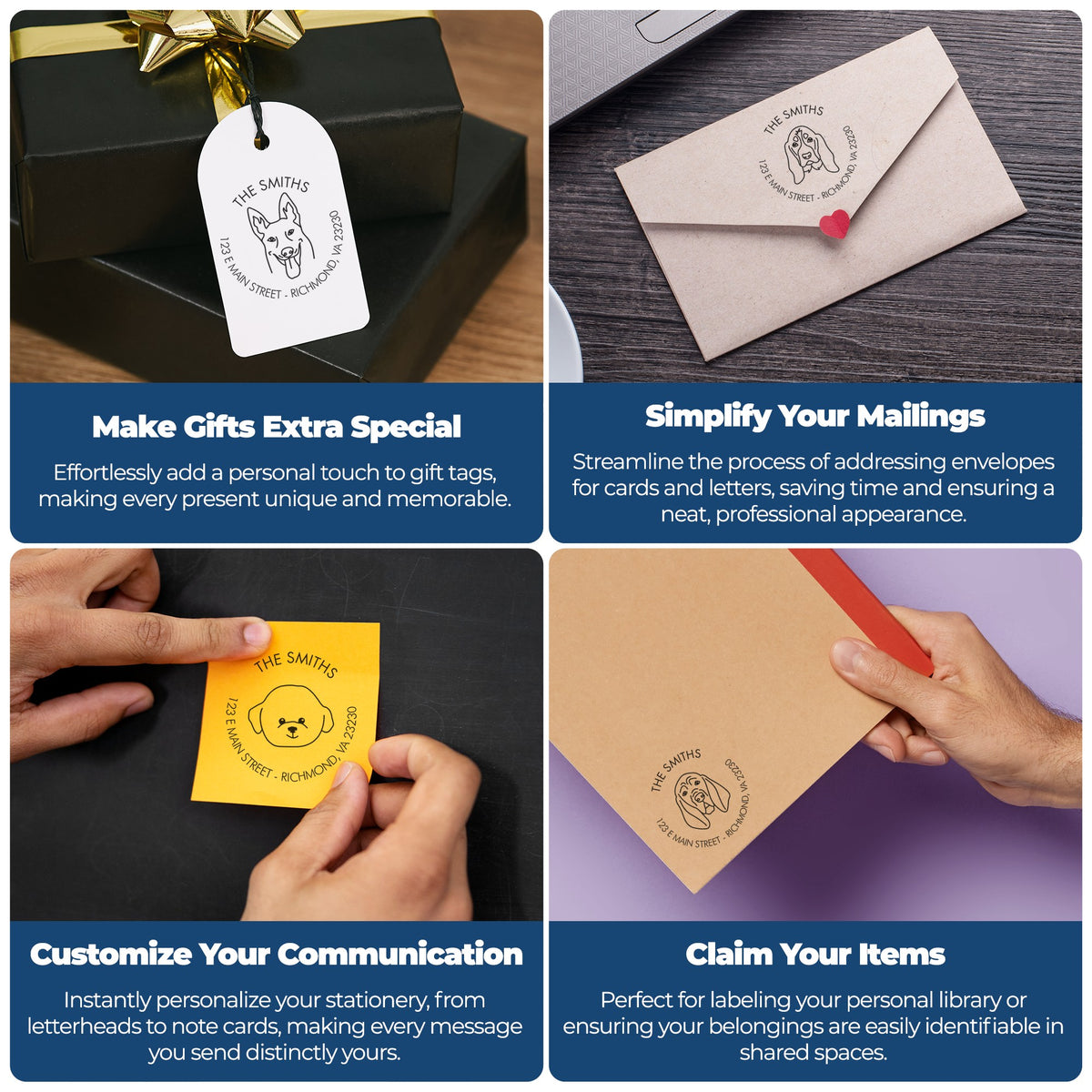 Custom stamps and seals on gift tags, envelopes and note cards in black, white, yellow and tan with dog logo designs.