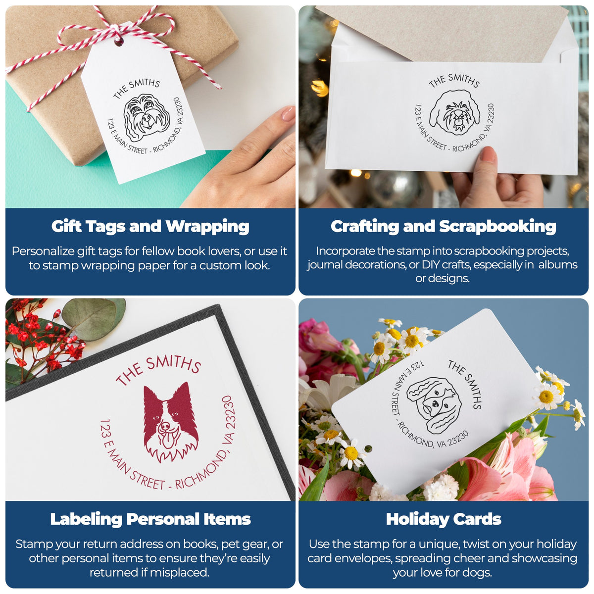 Collage of custom dog address stamp and seal products on gift tags, envelopes, holiday cards, and packaging in black, red, and white.