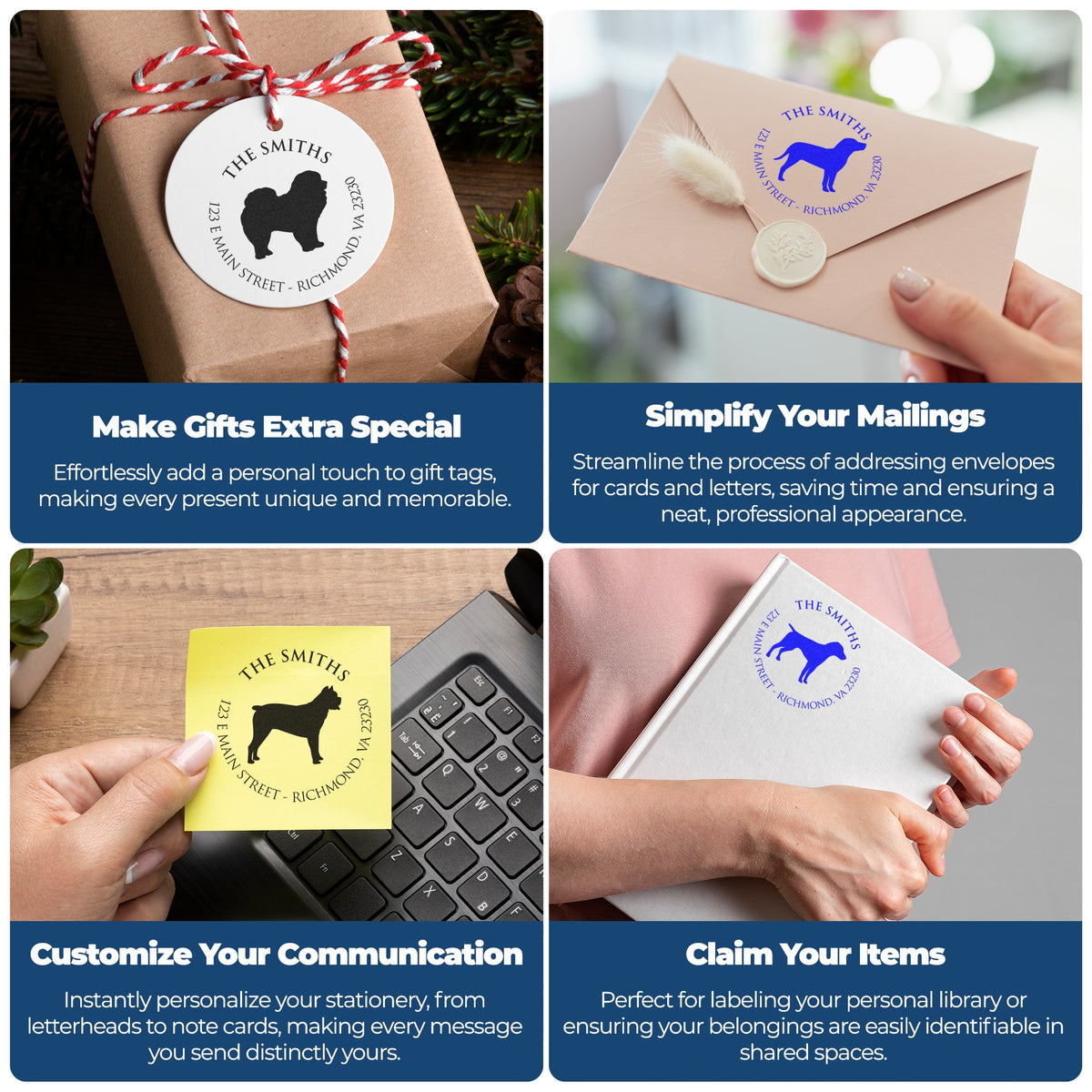 Custom stamp and seal products on kraft gift tag, pink envelope, yellow note, and white book with dog logo in black, blue, and white.