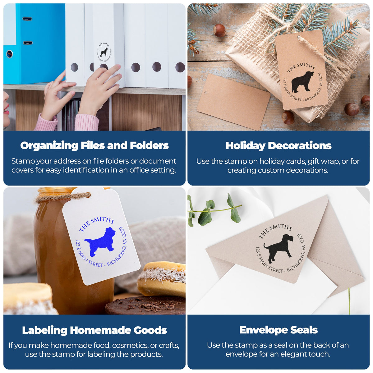 Custom stamp and seal products on folders, gift wrap, jars, and envelopes, featuring black, blue, and brown dog-logo prints.