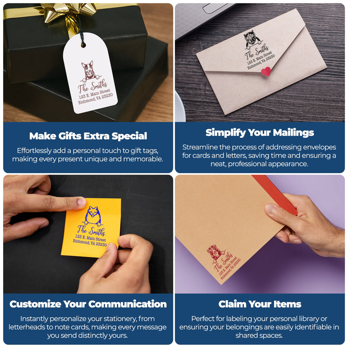 Custom pet address stamps and seals on gift tags, envelopes and note cards in black, white, gold, yellow, tan and red.