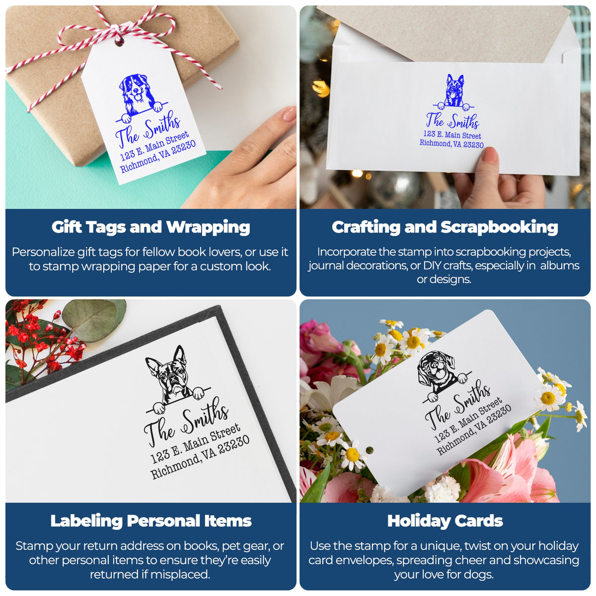 Personalized blue dog return address stamp and seal on gift tags and envelopes for wrapping, crafting, labels, and holiday cards.