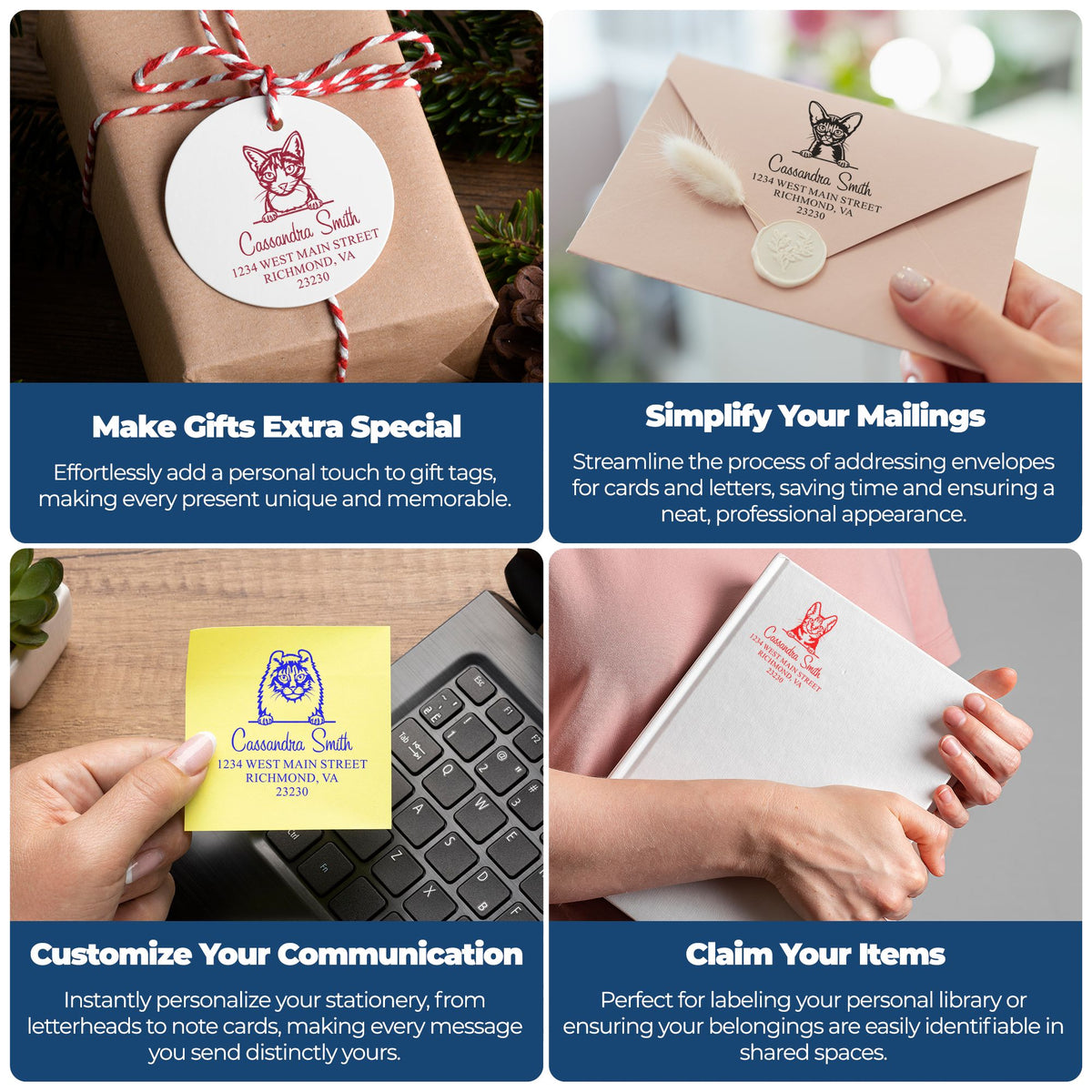 Collage of custom cat stamp and seal products on gift tags, envelopes and stationery in red, black, blue and white.
