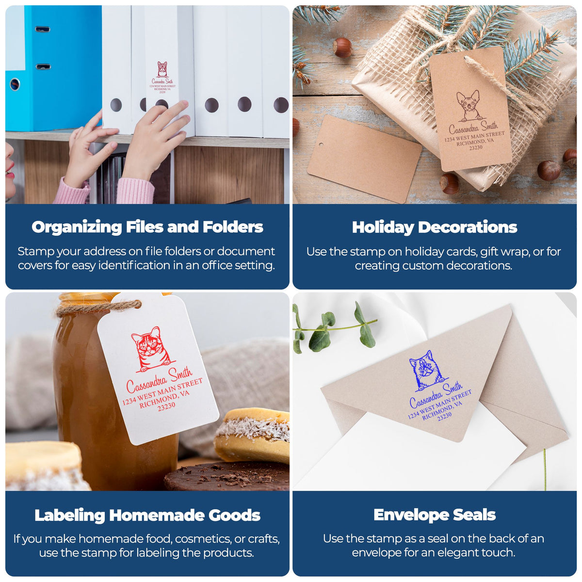 Collage of custom address stamp and seal products on folders, gift wrap, homemade goods, and envelopes in red, blue, and brown.