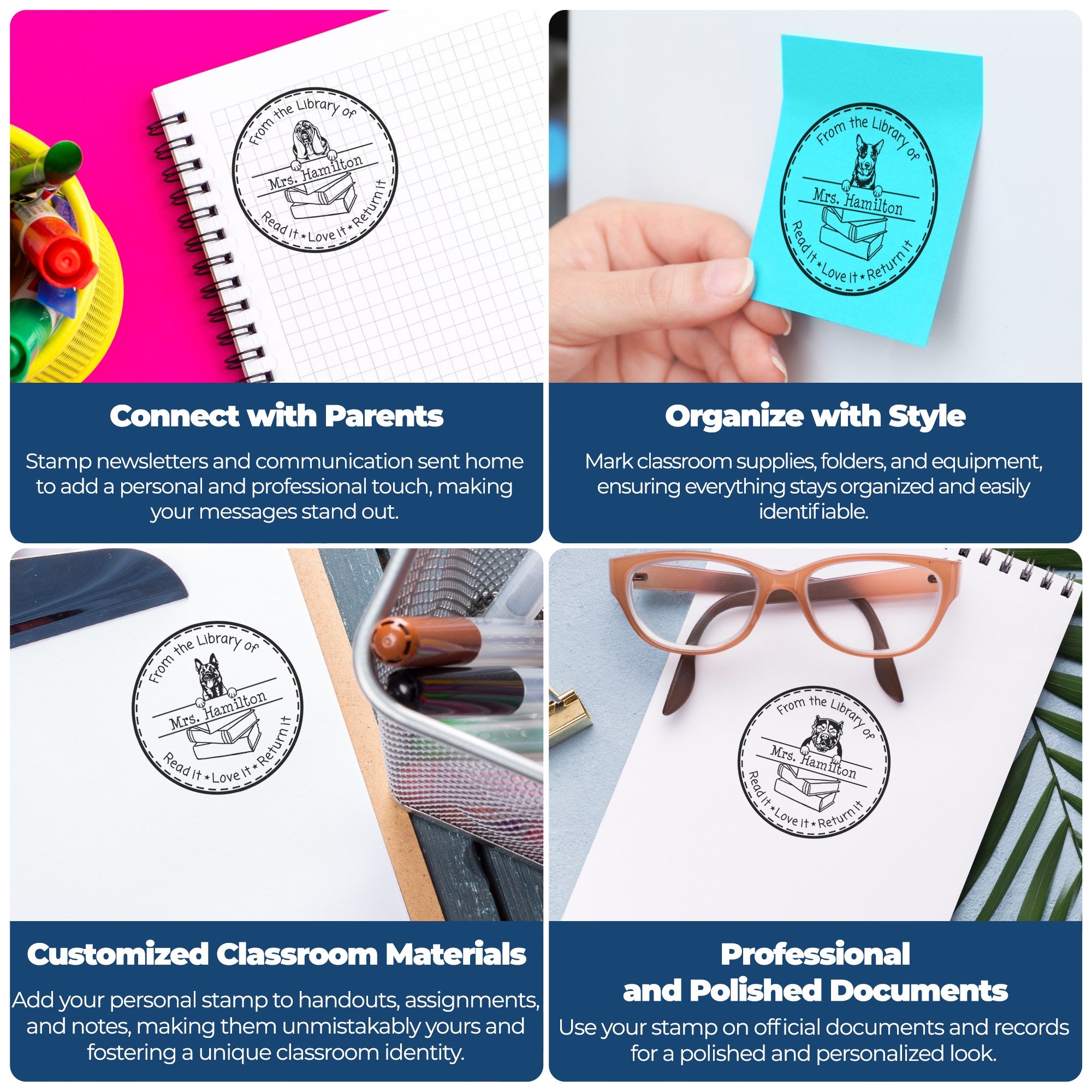Collage of custom library stamp and seal products on notebooks, sticky notes, and documents in pink, blue, and white.