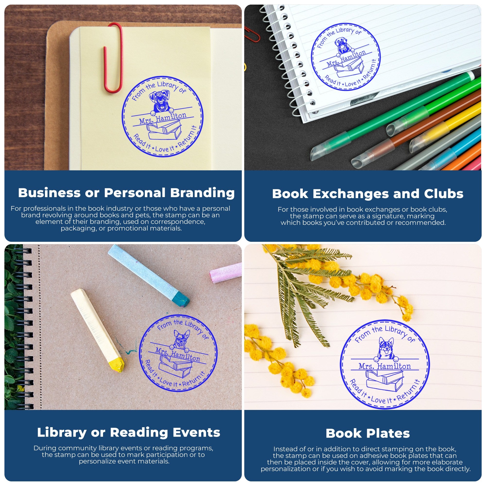 Collage of blue custom library stamp seals on notebooks, books and stationery, with Mrs. Hamilton and Read it, Love it, Return it text.