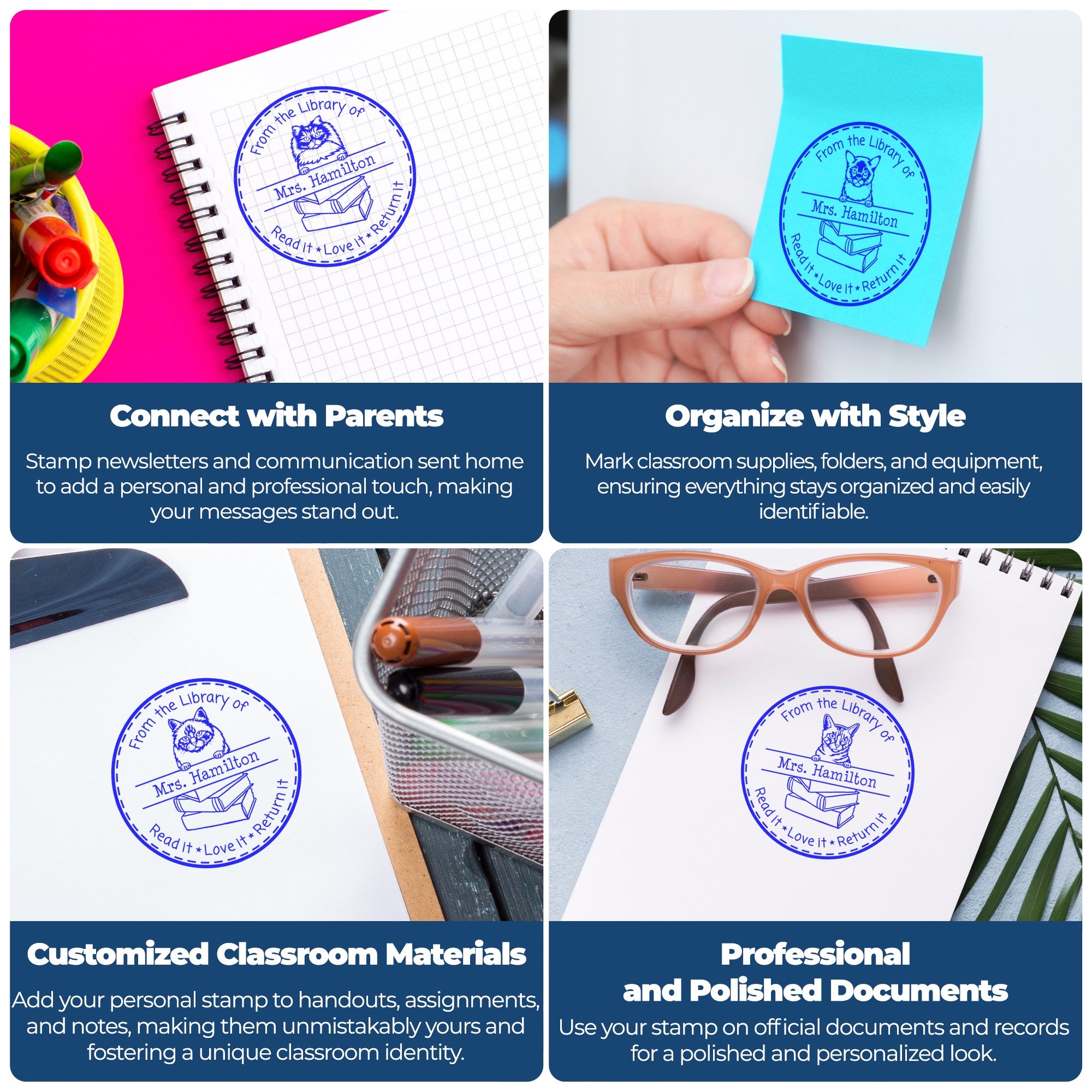 Blue custom library stamp seal on pink and blue stationery, marking notebooks, sticky notes and documents with cats and books