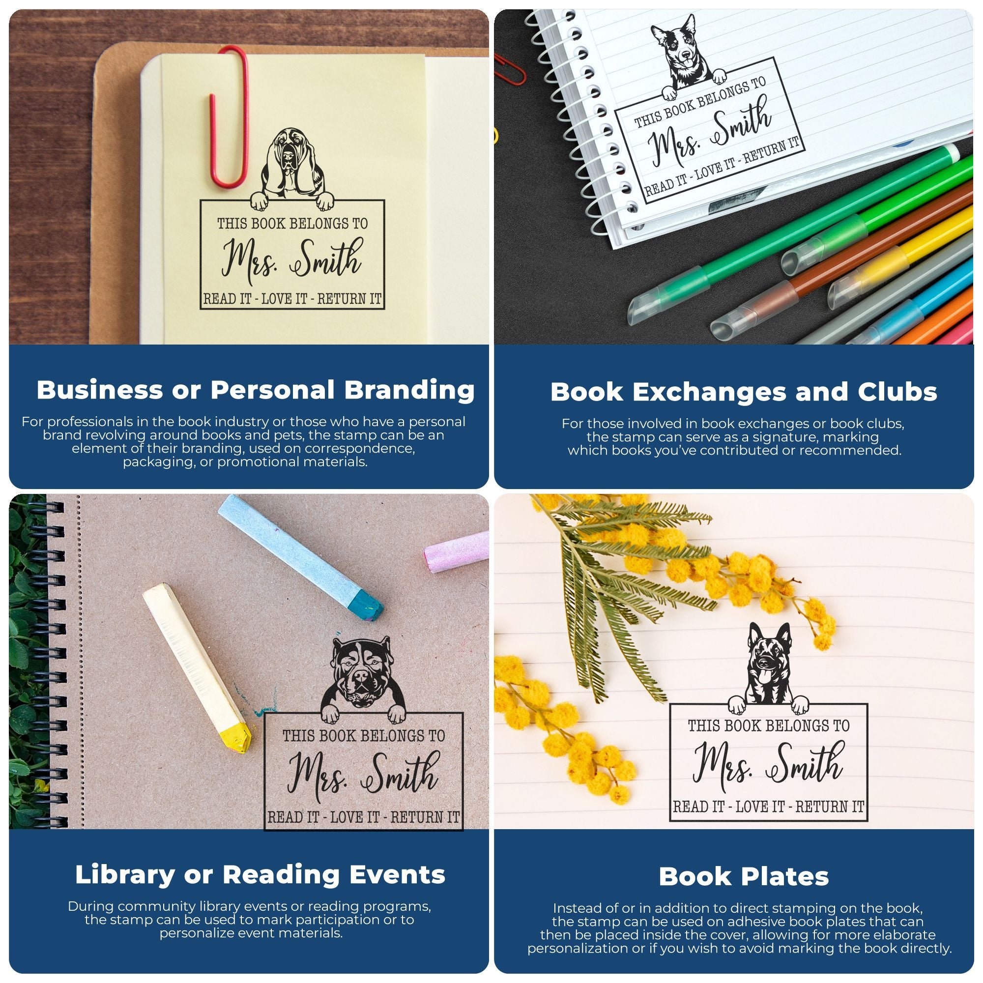 Custom stamp and seal designs with black dog illustration, Mrs. Smith text, and blue book branding panels.