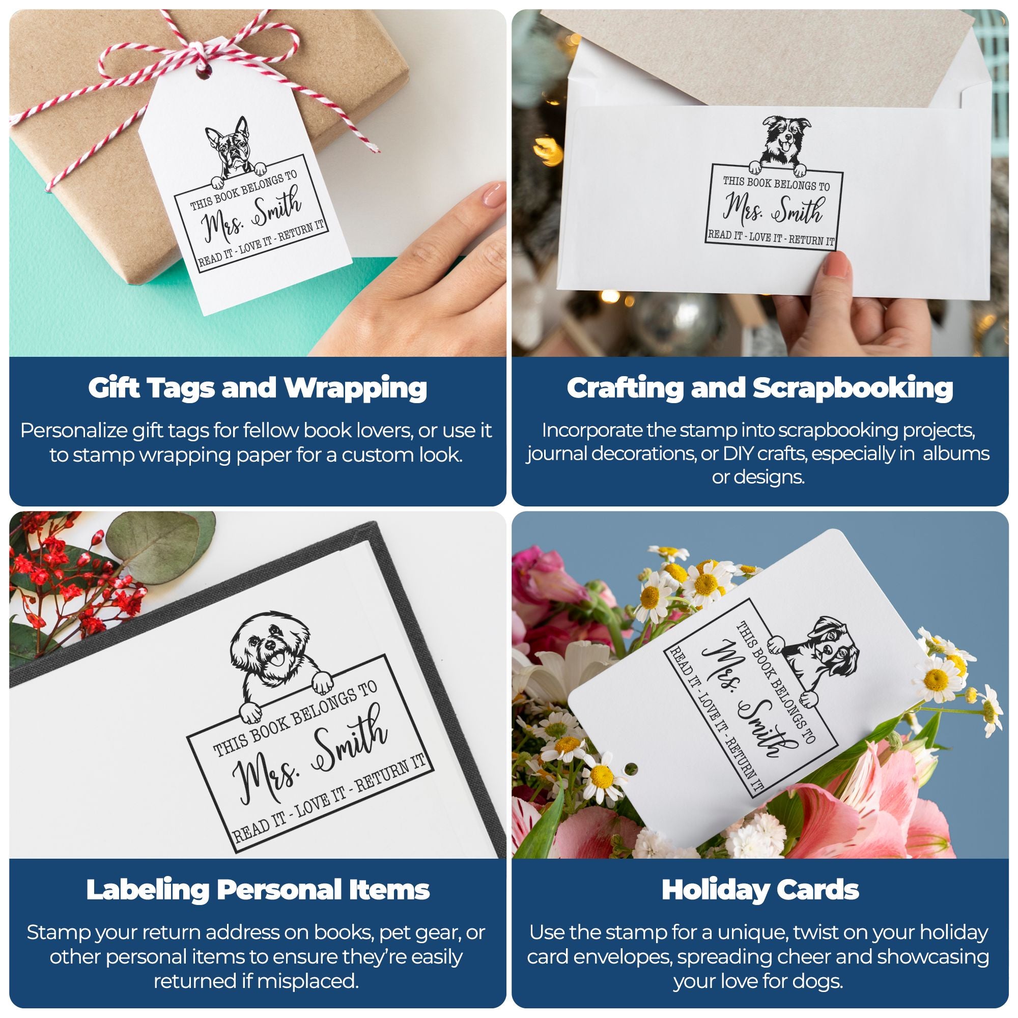 Custom stamp and seal products: black dog book label on white tags, envelopes and gift wrap with kraft brown and turquoise accents.