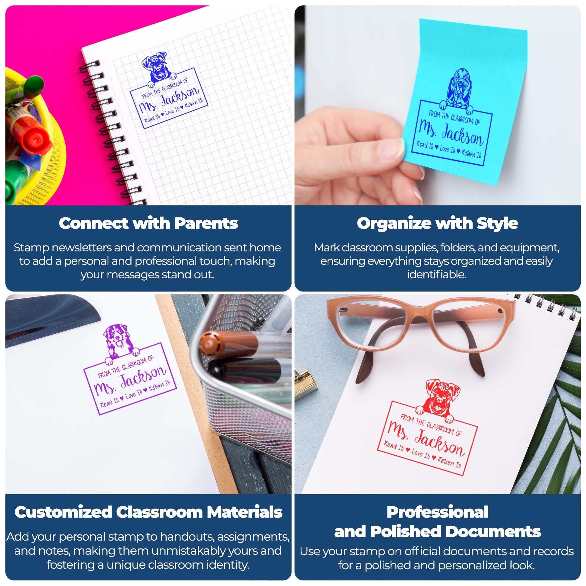 Colorful custom classroom stamp and seal samples in blue, purple, and red on notebooks, sticky notes, and documents.