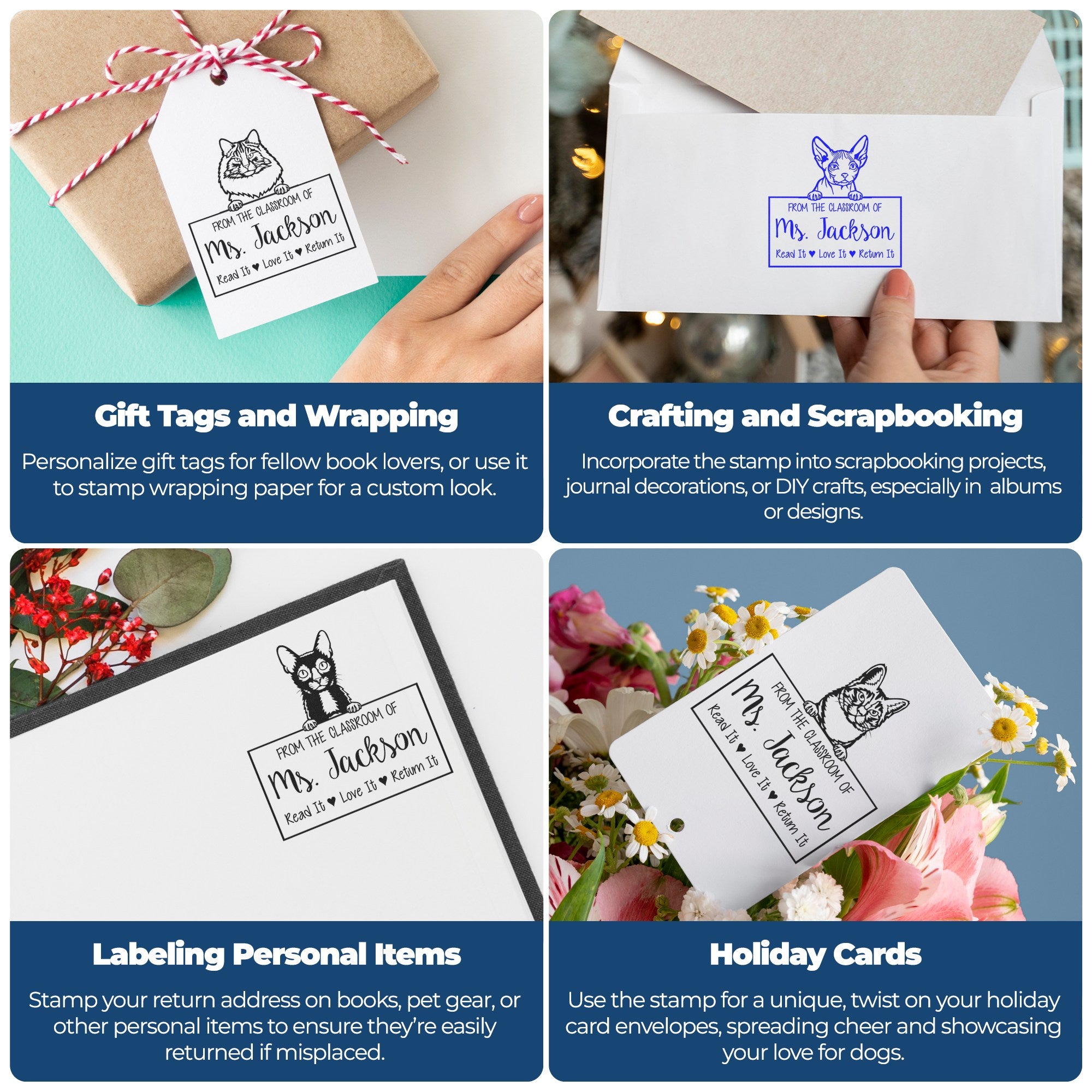 Personalized classroom stamp and seal on gift tags, envelopes, notebooks, and holiday cards in black and blue.