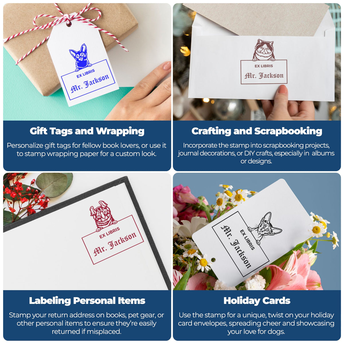 Personalized ex libris stamp and seal designs in blue, brown, red and black on gift tags, envelopes, notebooks and cards.