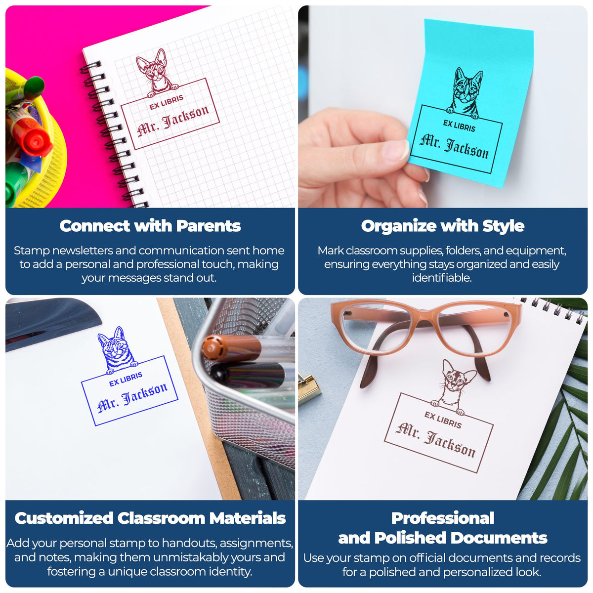 Custom cat ex libris stamp and seal designs on pink, blue, and white stationery with black, burgundy, and blue ink.