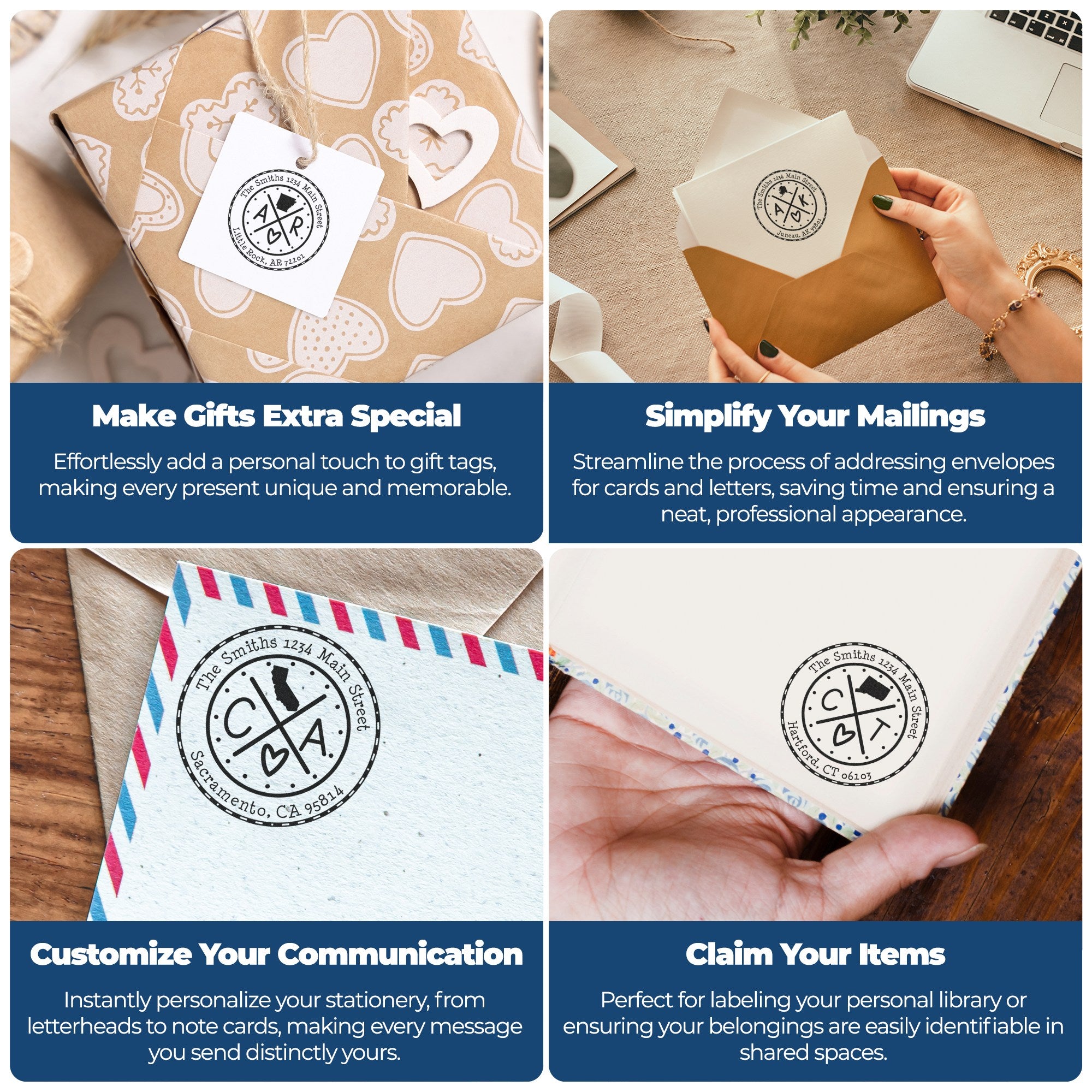 Collage of custom black address stamp and seal products on kraft gift wrap, envelopes, and stationery, with blue panels.