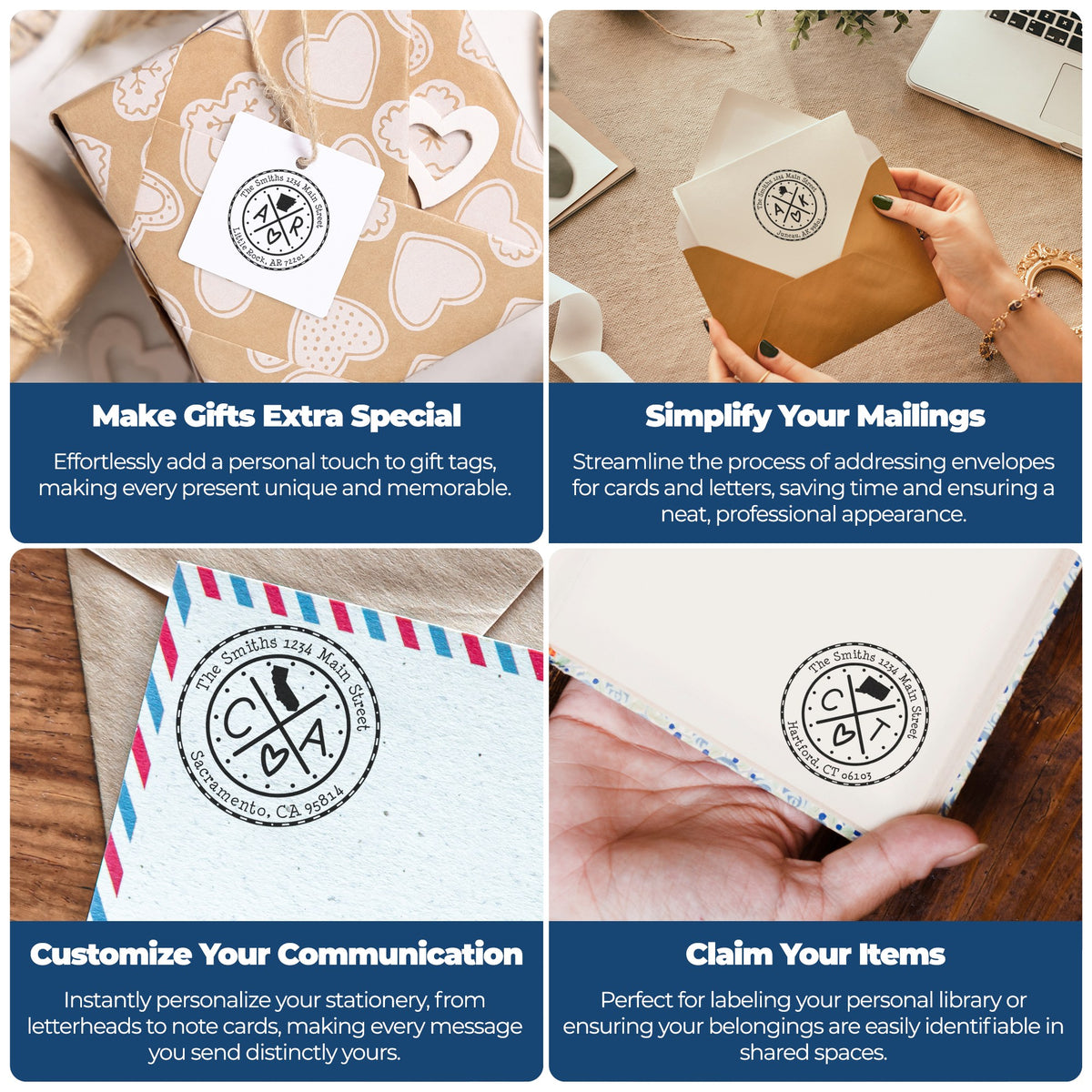 Collage of custom black stamp and seal products on kraft gift wrap, white envelopes, and stationery with brown, blue, and pink accents.