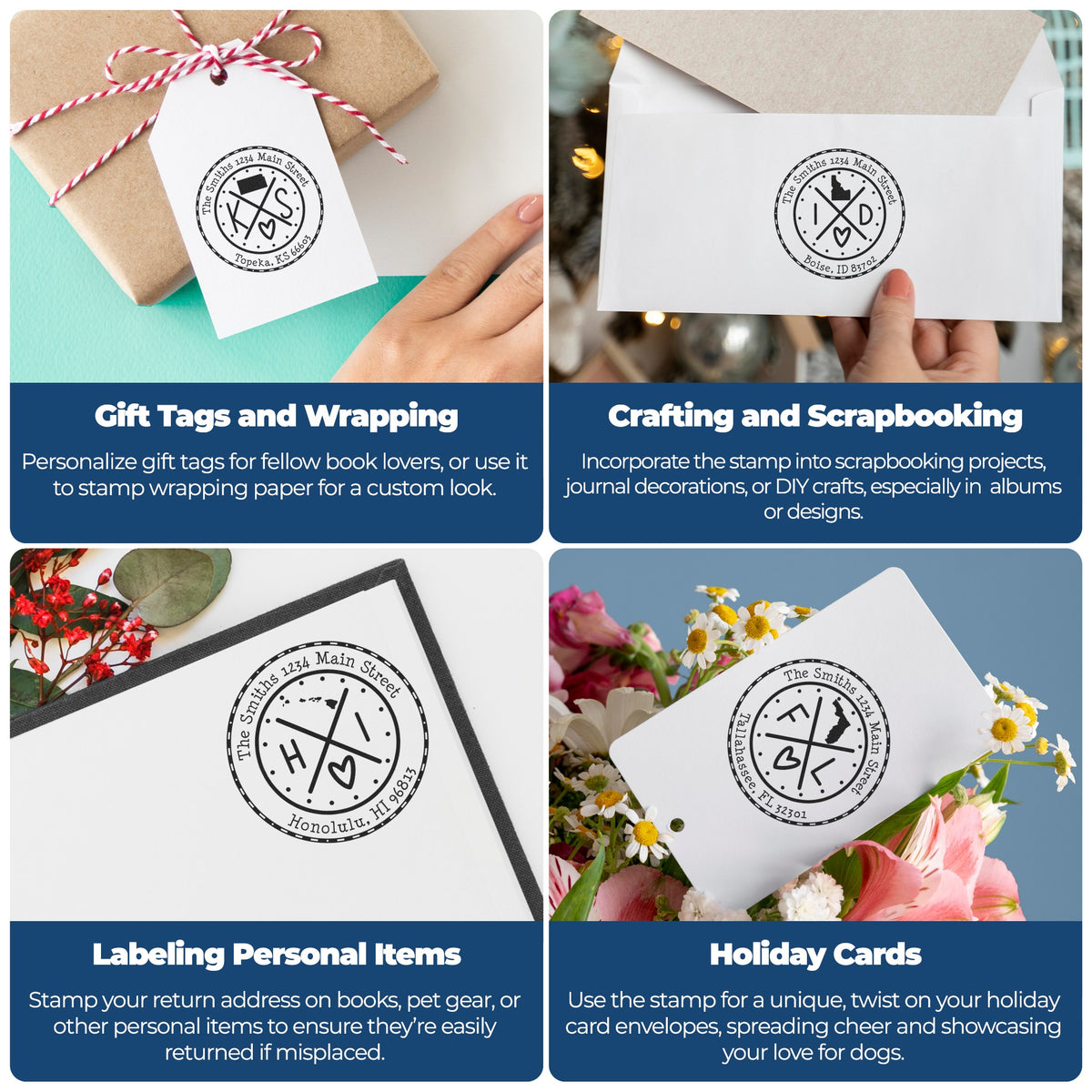 Personalized black address stamp and seal designs on white tags, envelopes, stationery, and holiday cards.