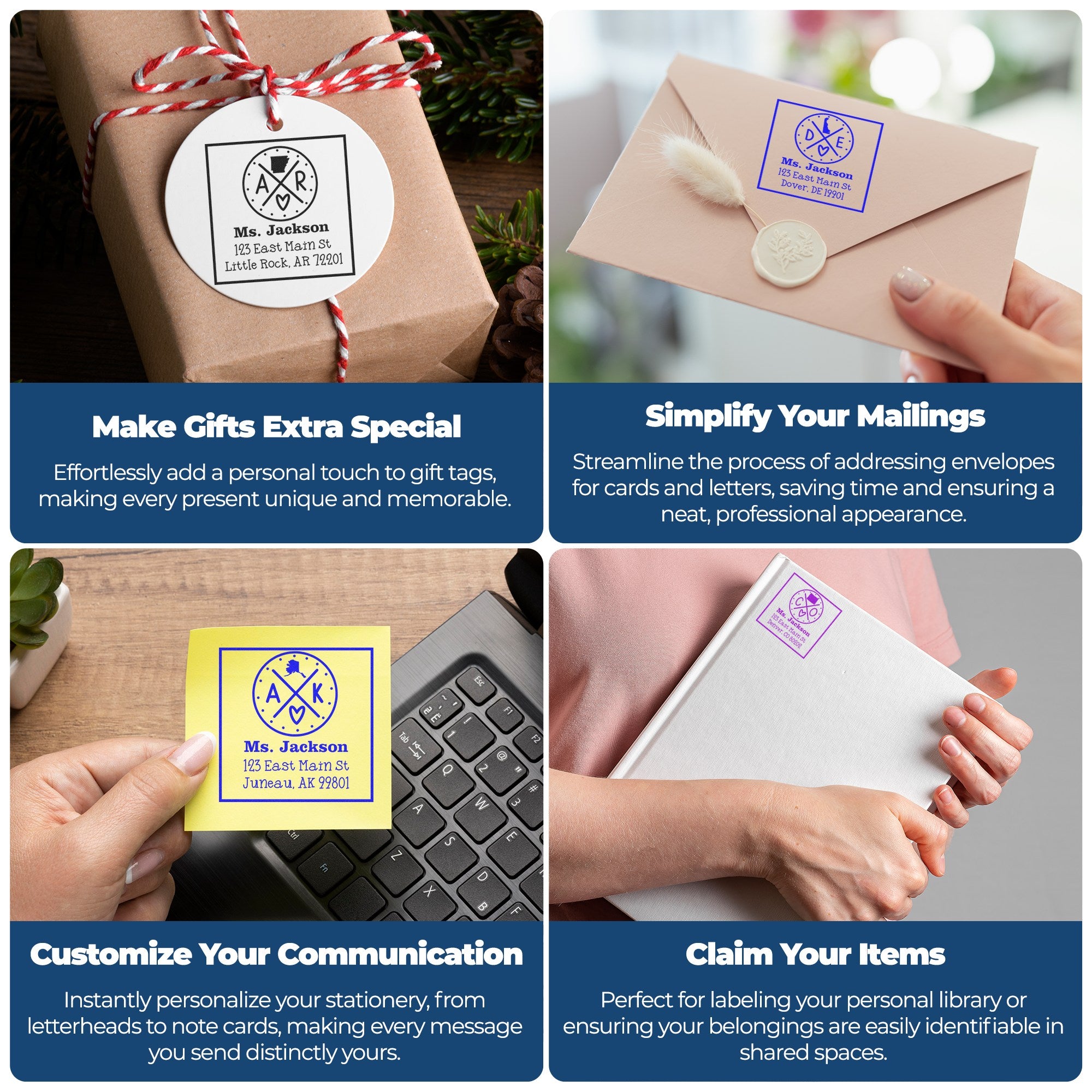 Custom stamp and seal products on gift tags, envelopes, notes, and a notebook in black, blue, purple, and white.