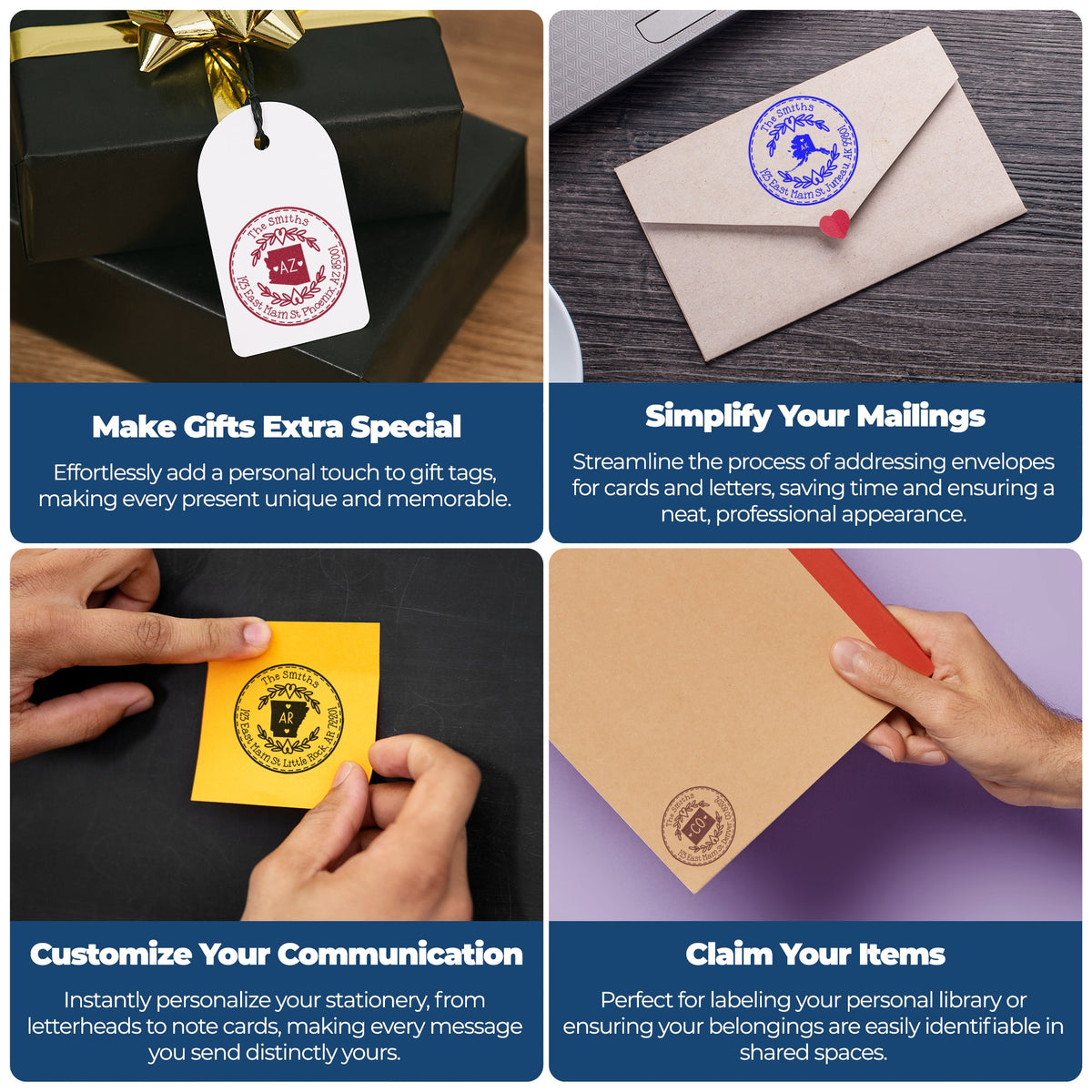 Collage of custom stamp and seal products in red, blue, black, and brown on gift tags, envelopes, and stationery.