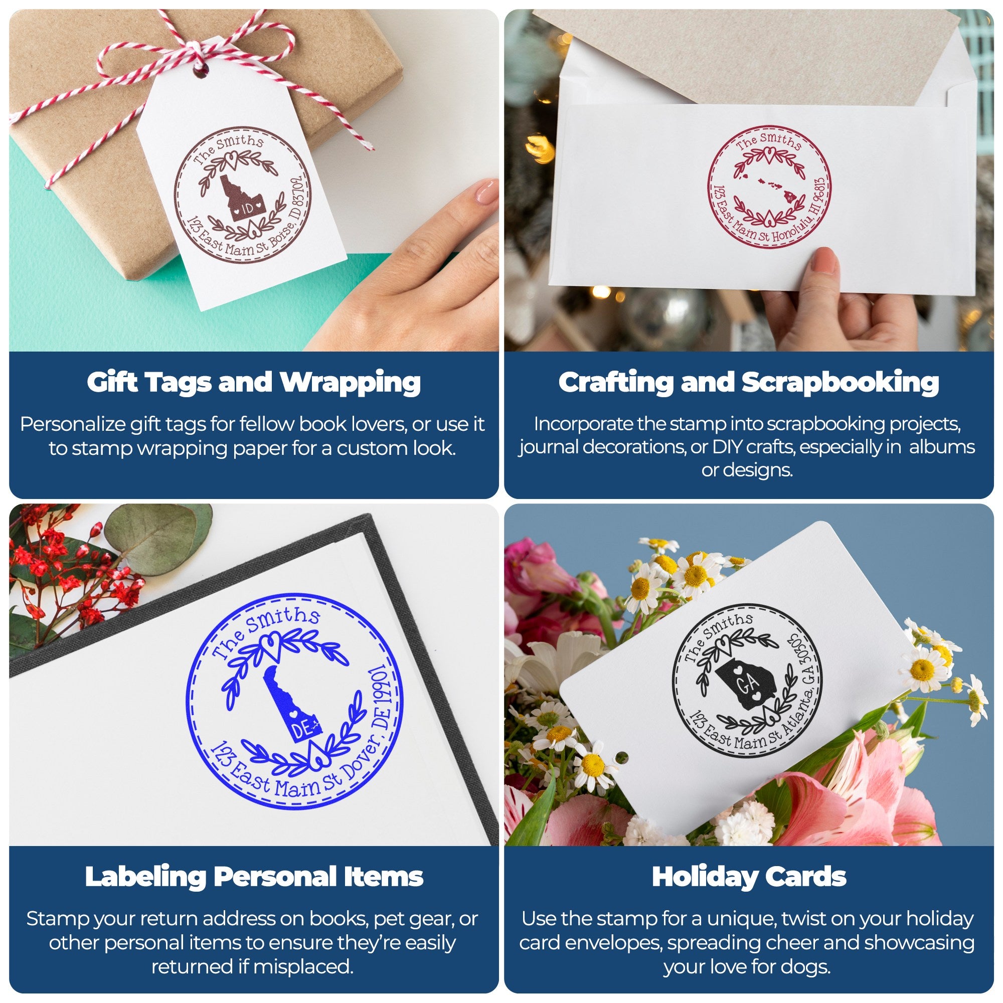 Collage of personalized address stamps and seals in brown, red, blue, and black on gift tags, envelopes, and cards.