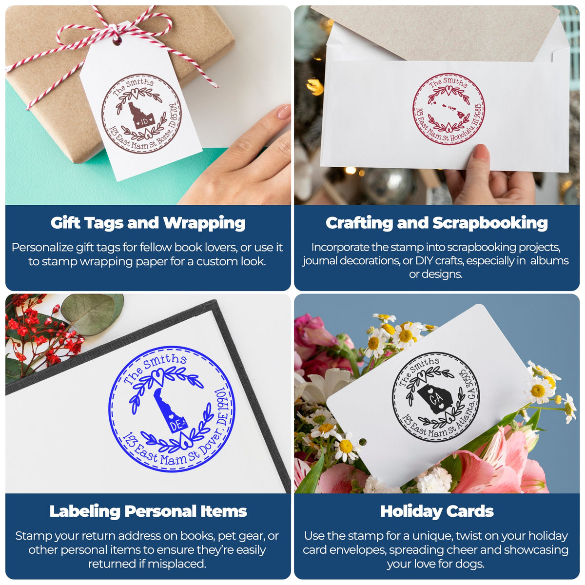 Collage of personalized stamp and seal products on gift tags, envelopes, cards, and wrapping in brown, white, blue, red, and black.