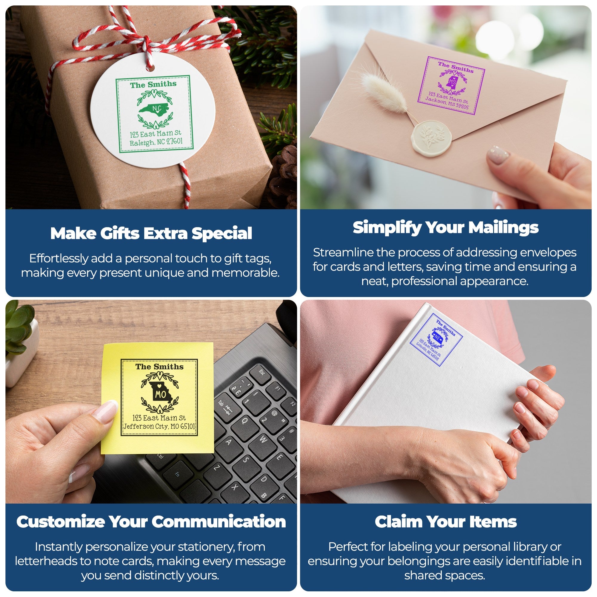 Custom stamp and seal products on gift tags, envelopes, stationery and labels in green, purple, yellow and blue.