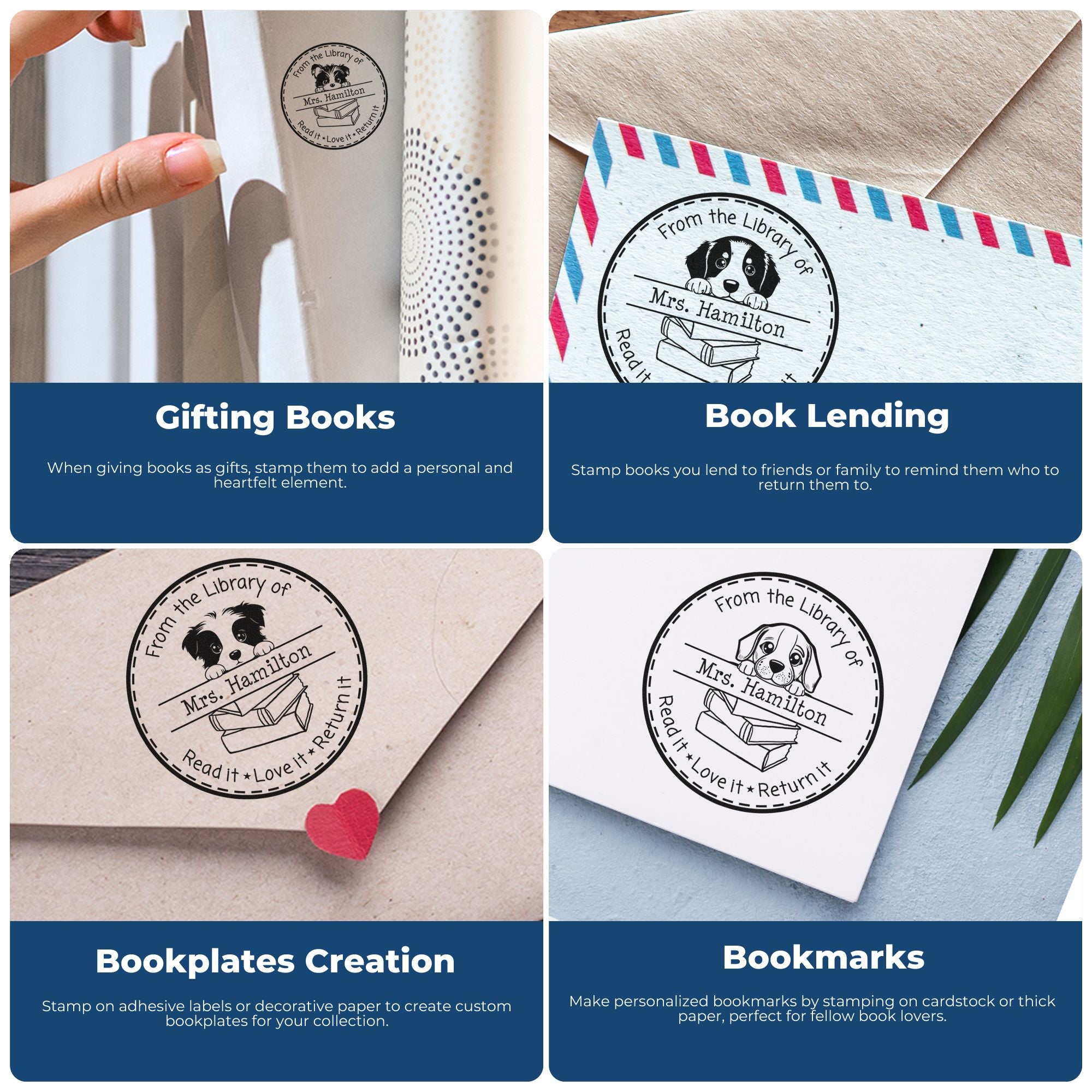 Custom black library stamp seals on beige, white and blue paper, featuring dog-and-book designs on envelopes, bookplates and bookmarks.