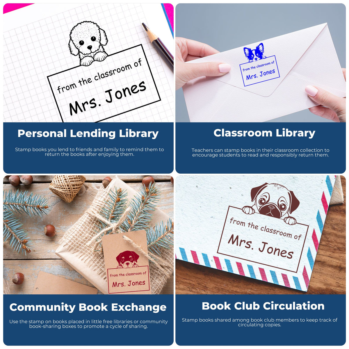 Collage of personalized book stamp seals with puppy icons in black, blue, brown and red for classroom, lending and book club use.