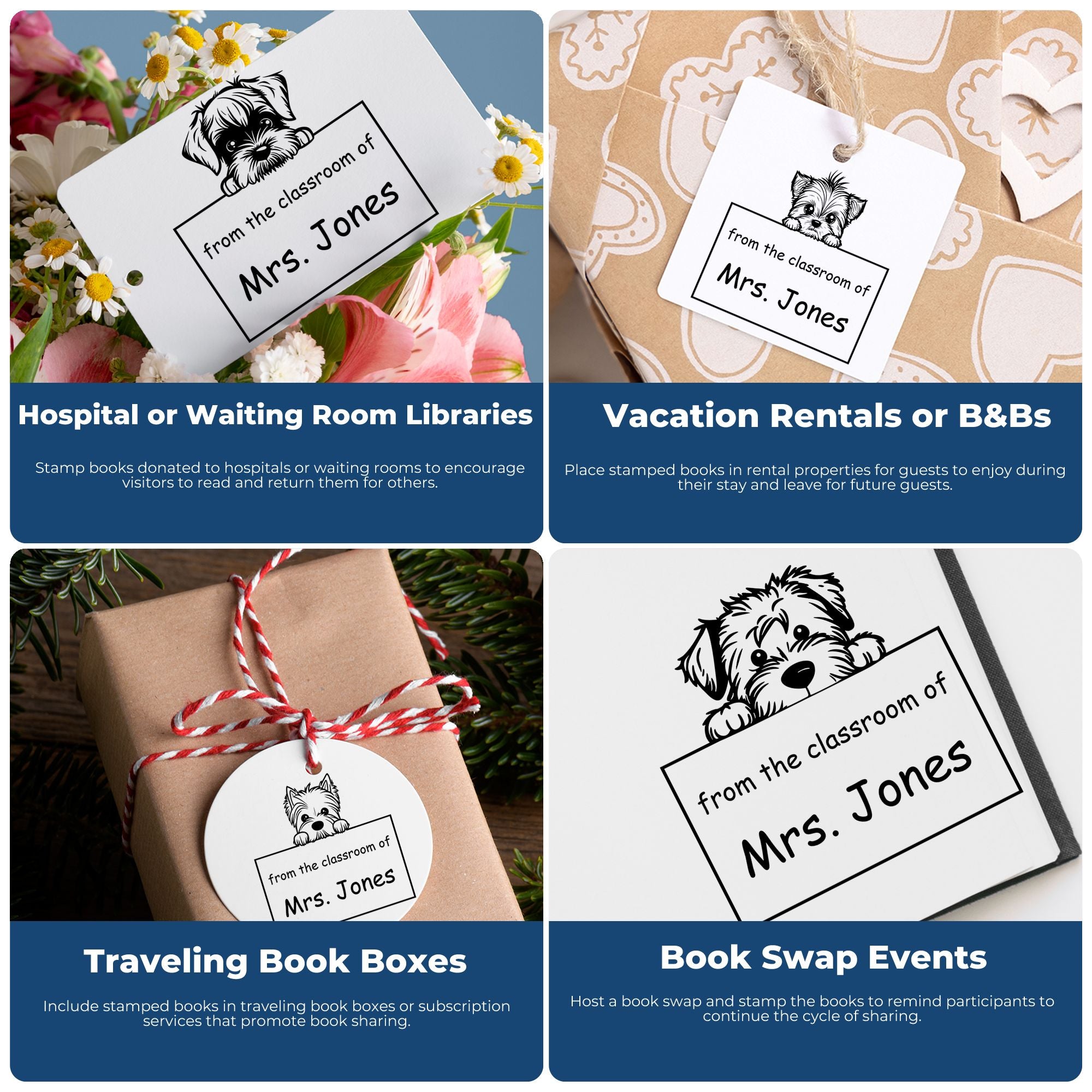 Collage of black dog stamp and seal book tags on white cards, shown on wrapped gifts, flowers, kraft paper, and blue panels.