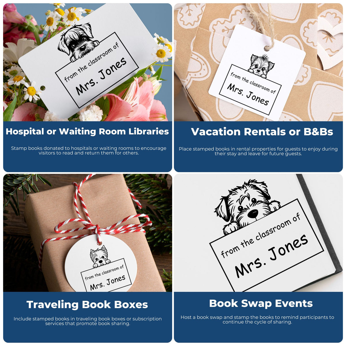 Custom dog classroom book stamp and seal on white tags, pictured on wrapped gifts, books, and kraft paper.