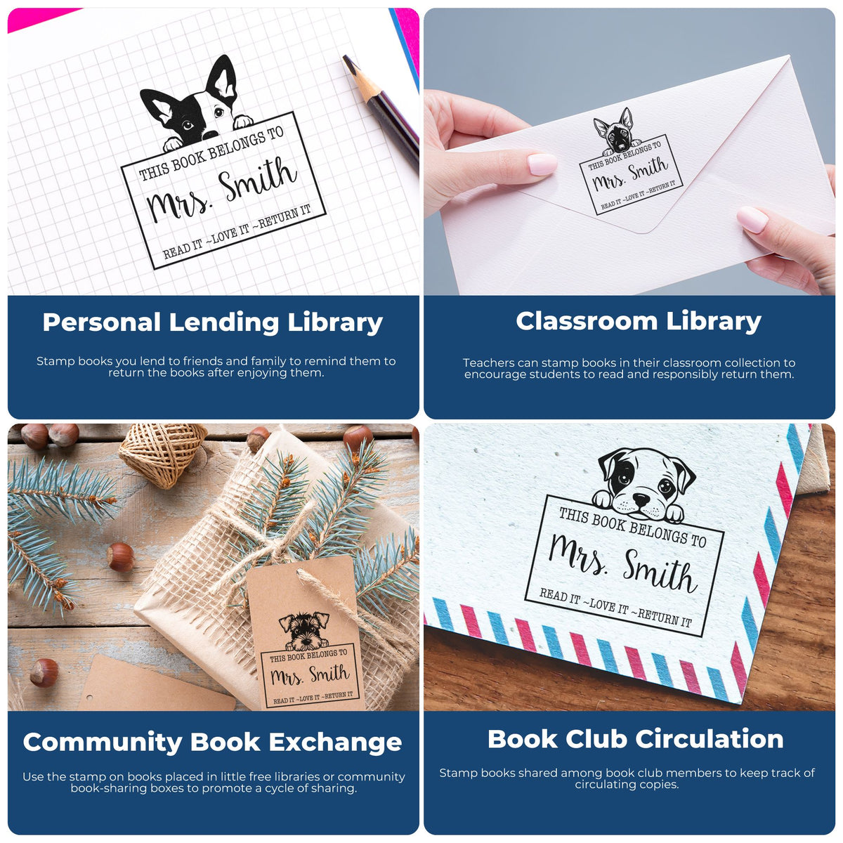 Collage of custom book ownership stamps and seals on books and envelopes, with black dog designs, white paper, and blue panels.