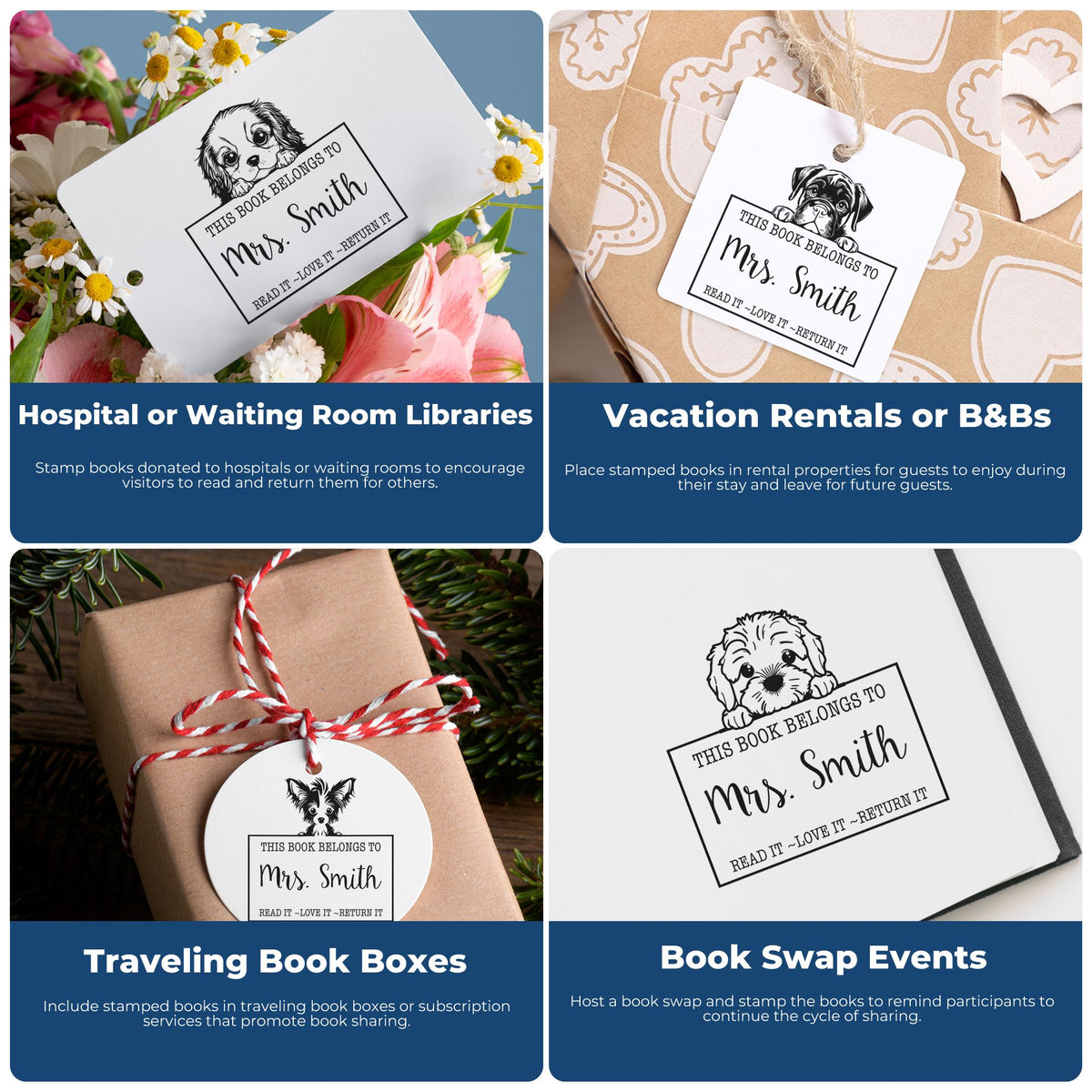 Collage of black book stamp and seal labels on white books and gift packages, with dog designs and blue text banners.