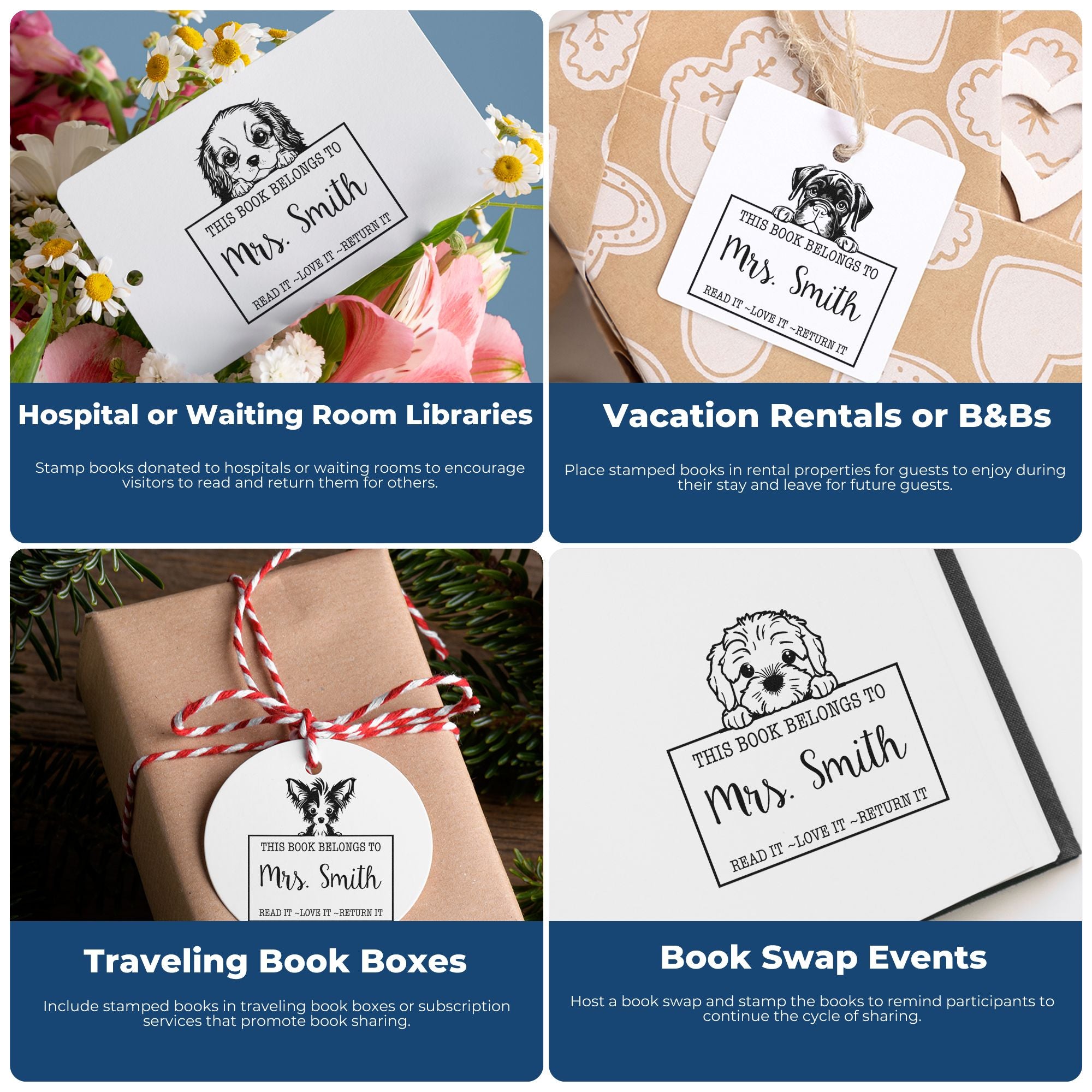 Personalized book stamp and seal tags with black dog and puppy designs on white labels, displayed on books and wrapped gifts.