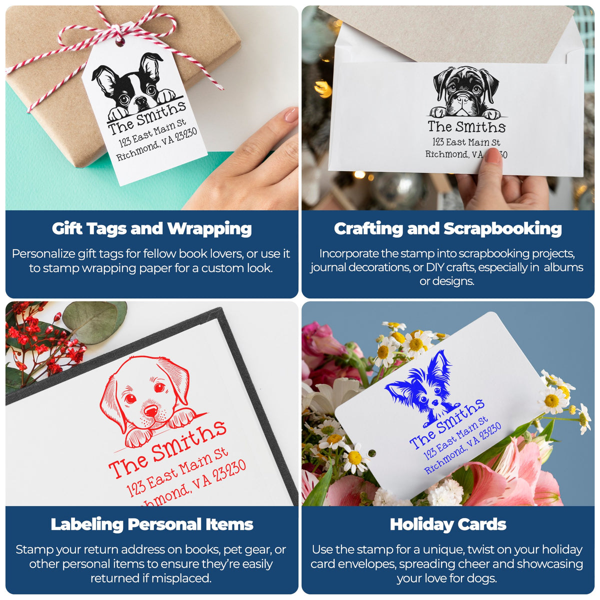 Custom dog address stamp and seal designs on kraft tags, envelopes, and cards in black, red, and blue for gifts, crafts, and mailing.