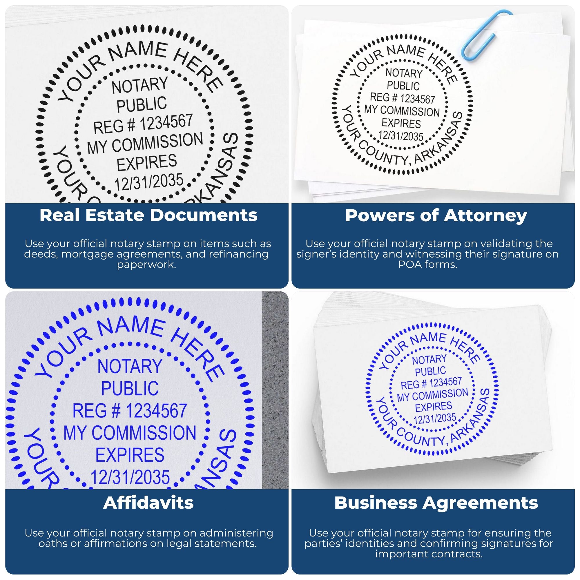 Collage of black and blue notary stamp and seal designs on white documents, showing circular seals for legal paperwork.