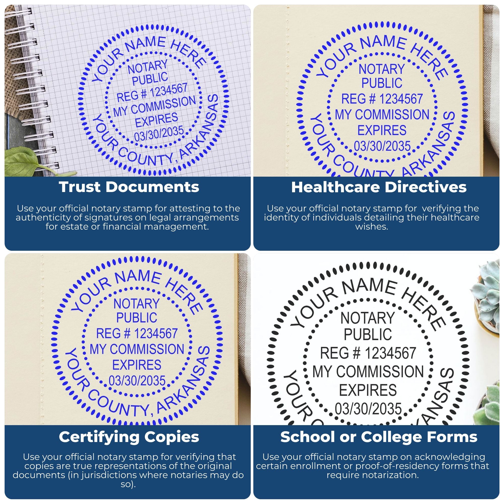 Four notary stamp and seal designs in blue and black for trust documents, healthcare directives, certified copies, and school forms.