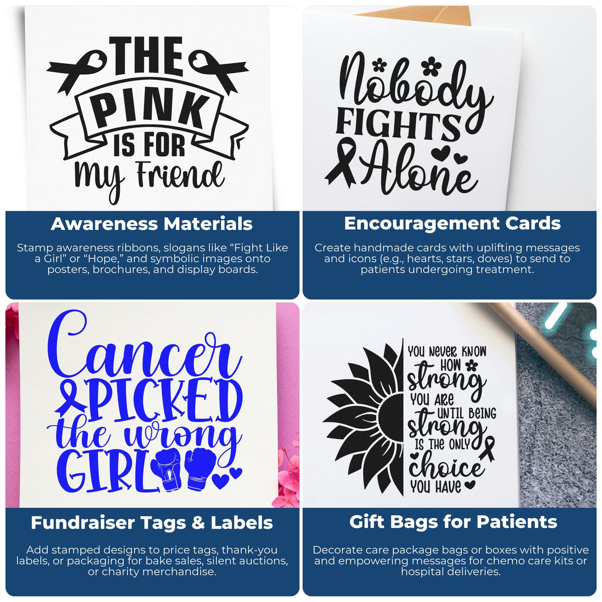 Cancer awareness stamp and seal designs on white cards, with black and blue lettering, pink accents, ribbons, hearts, and a sunflower.