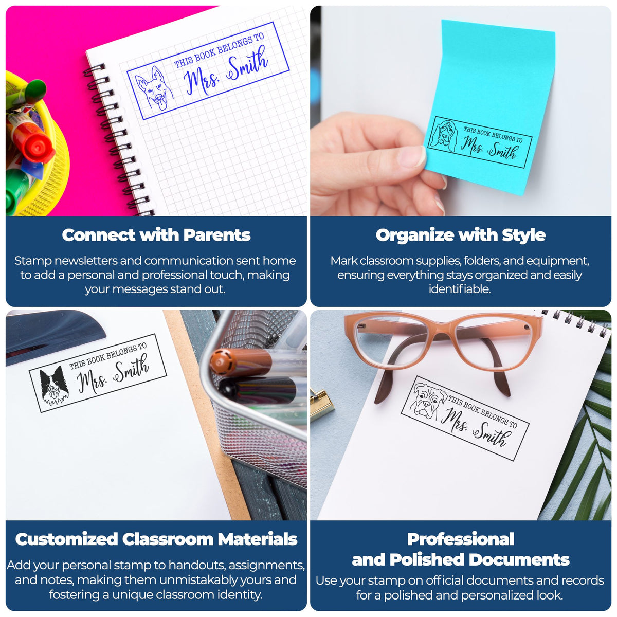 Personalized teacher book stamps and seals on notebooks, sticky notes, and documents with blue, black, and turquoise accents