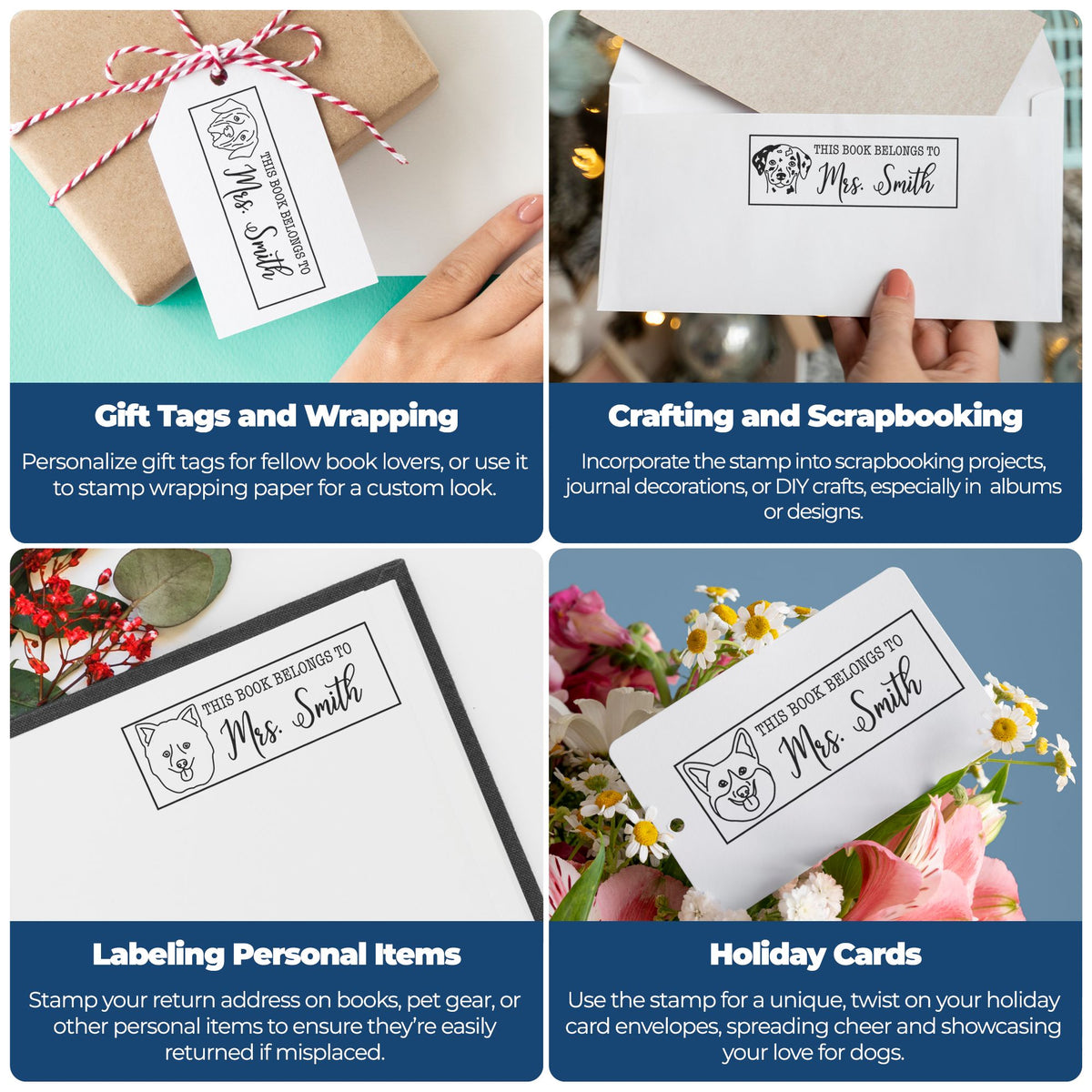 Custom dog book stamp labels on white tags, envelopes and notebooks, with kraft paper, blue accents and floral touches.