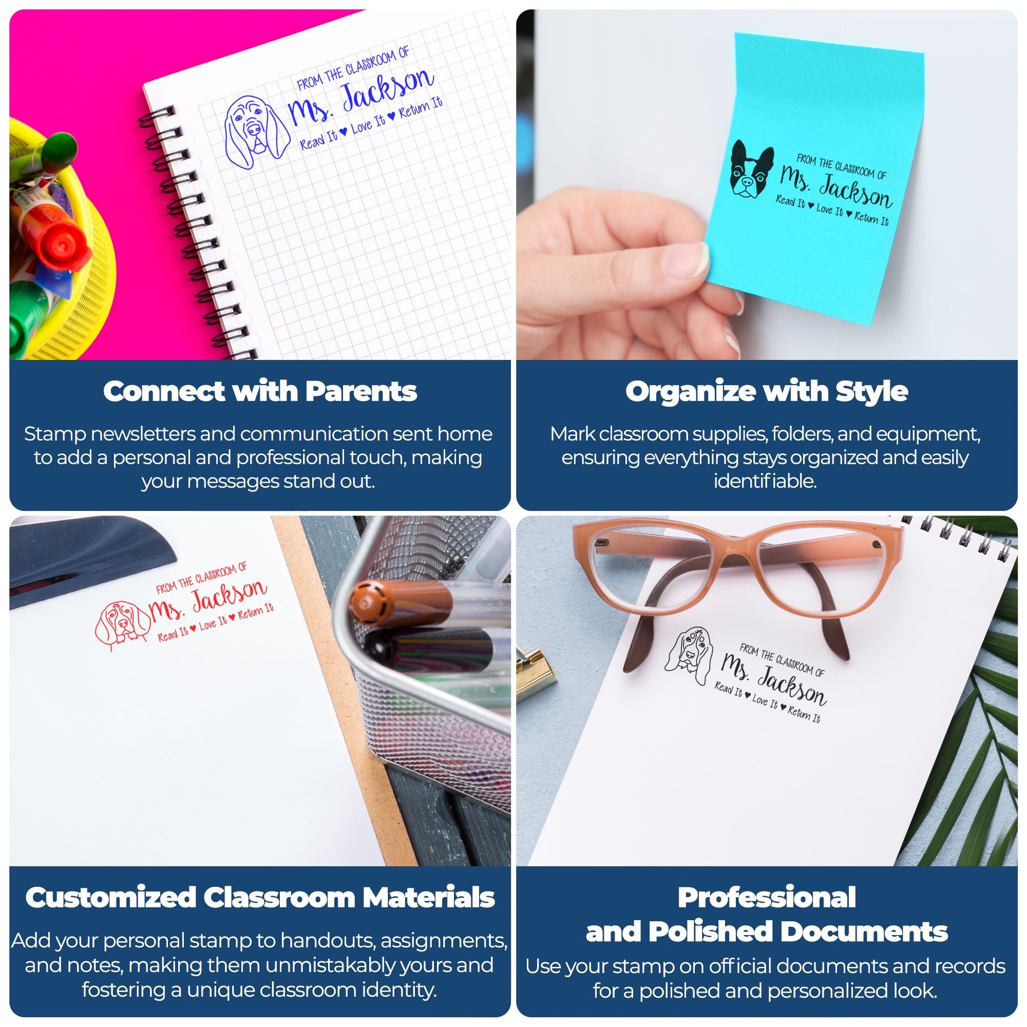 Custom classroom stamp and seal products on pink, blue, red and black papers, with Ms. Jackson dog logo for newsletters and labels.