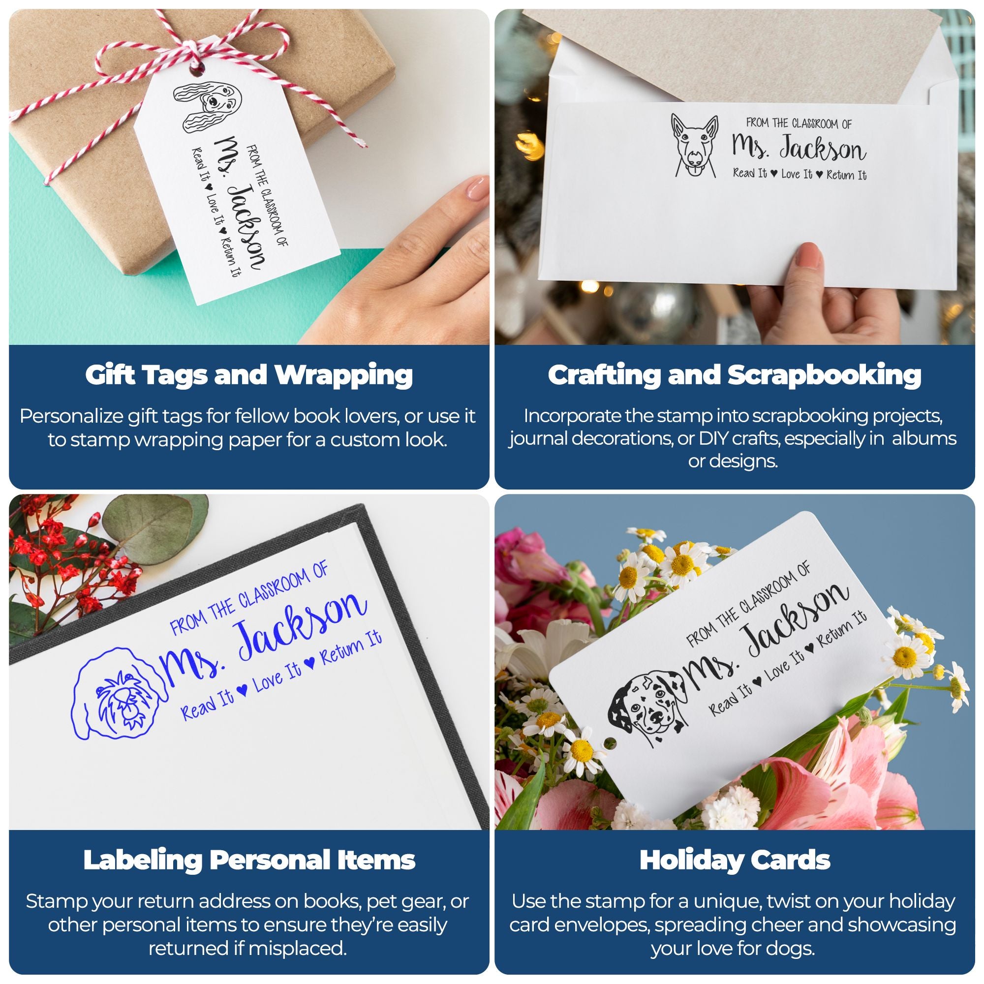 Collage of personalized dog return-address stamps and seals on wrapped gifts, envelopes, and cards in black, white, and blue.