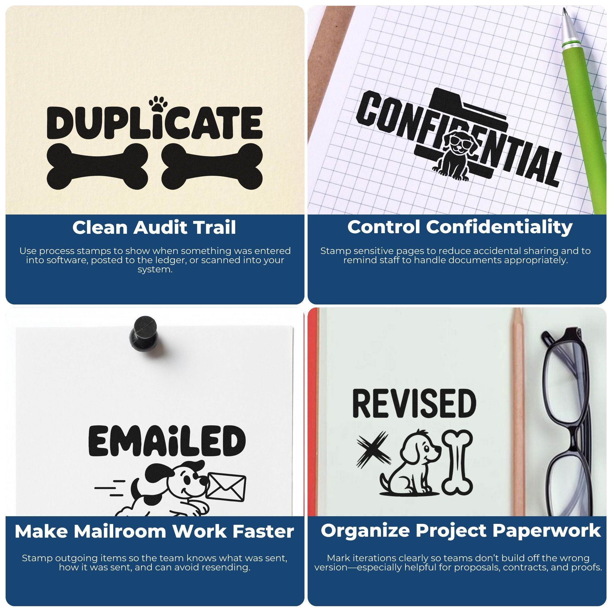 Collage of black custom office stamps on cream, grid and white paper: Duplicate, Confidential, Emailed, Revised with dog icons.