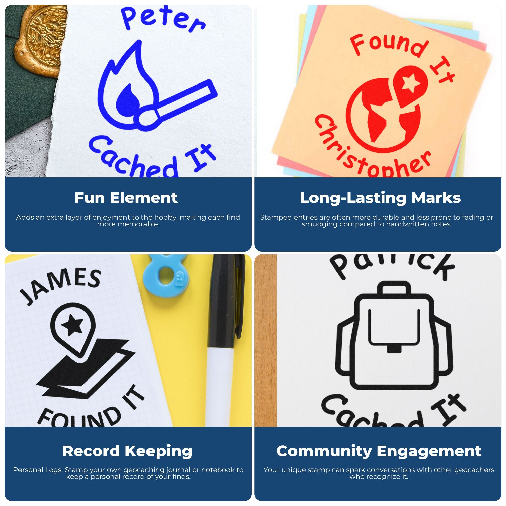 Collage of custom stamp and seal products for geocaching, with blue, red and black logos on notebooks and cards.