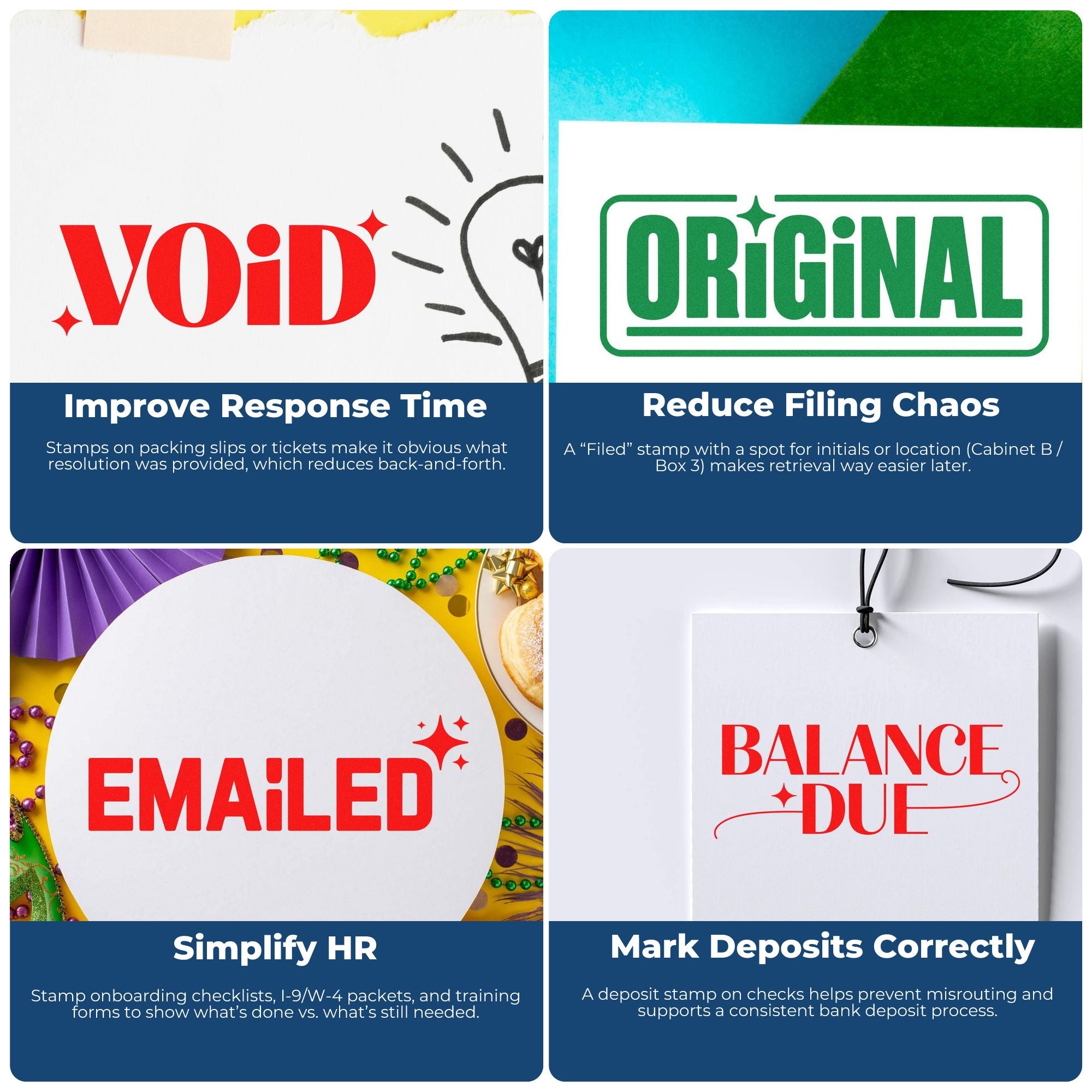 Colorful stamp and seal product collage with red VOID and EMAILED, green ORIGINAL, and red BALANCE DUE on white cards.